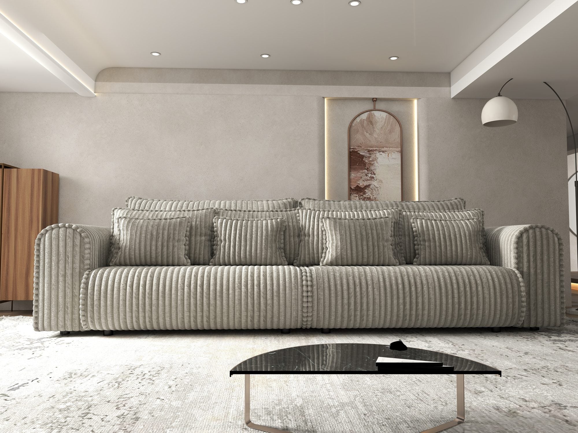 Canapea extensibilă dumonde cu ladă de depozitare si sezut confortabil din spuma high-density, Monaco Tilia Gri-Bej 300x130 cm