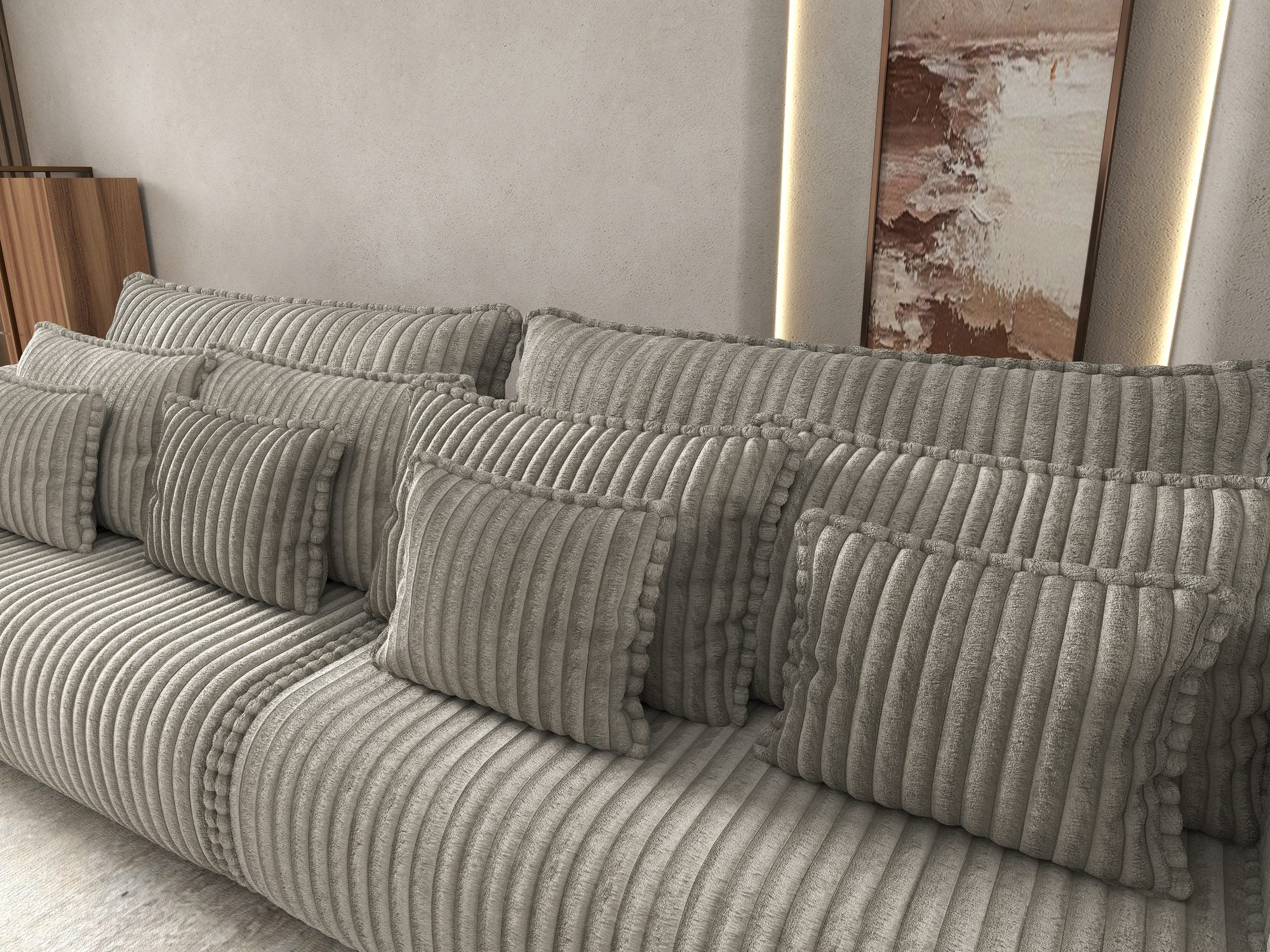 Canapea extensibilă dumonde cu ladă de depozitare si sezut confortabil din spuma high-density, Monaco Tilia Gri-Bej 300x130 cm