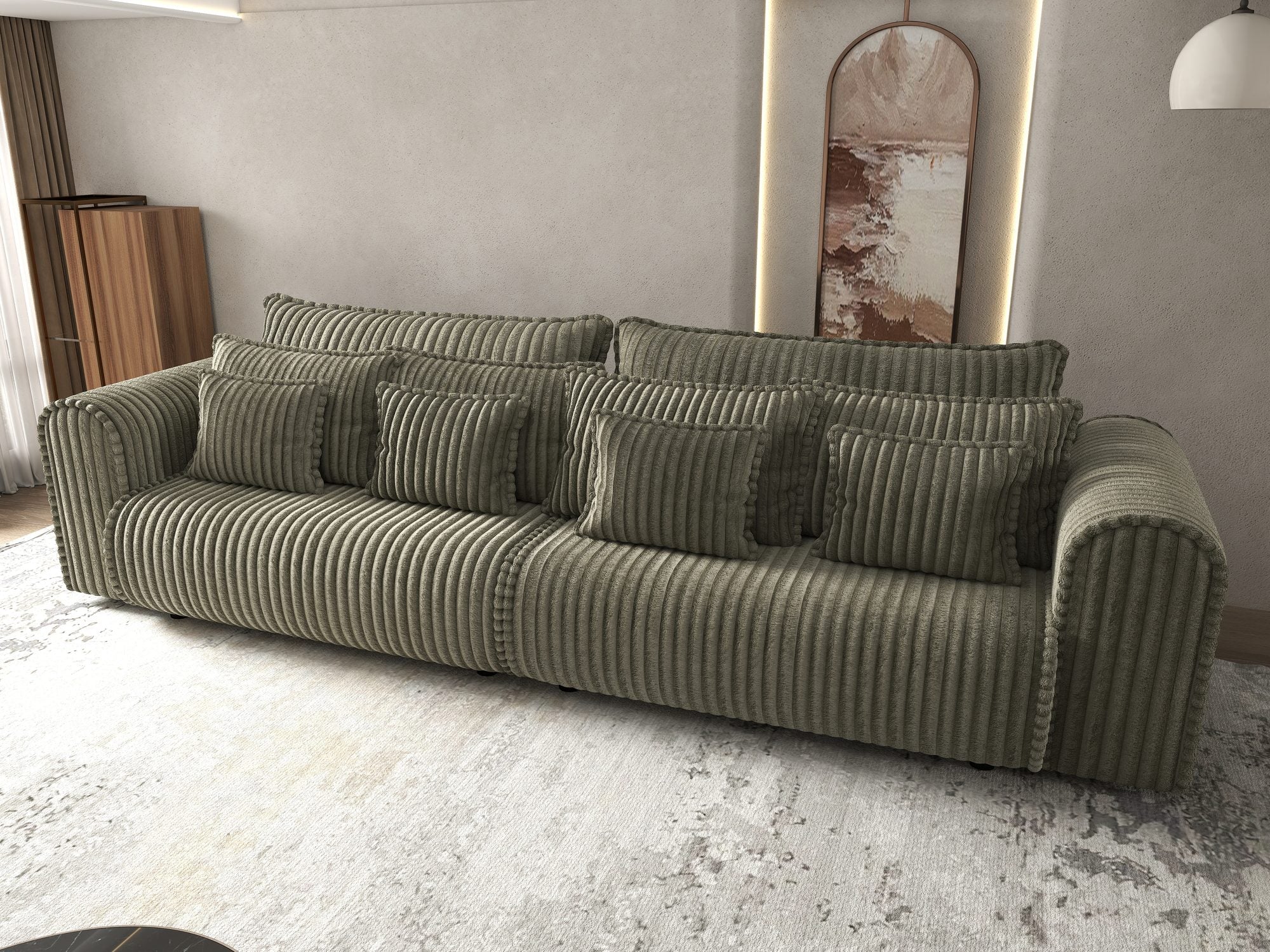 Canapea extensibilă dumonde cu ladă de depozitare si sezut confortabil din spuma high-density, Monaco Tilia Verde Olive 300x130 cm