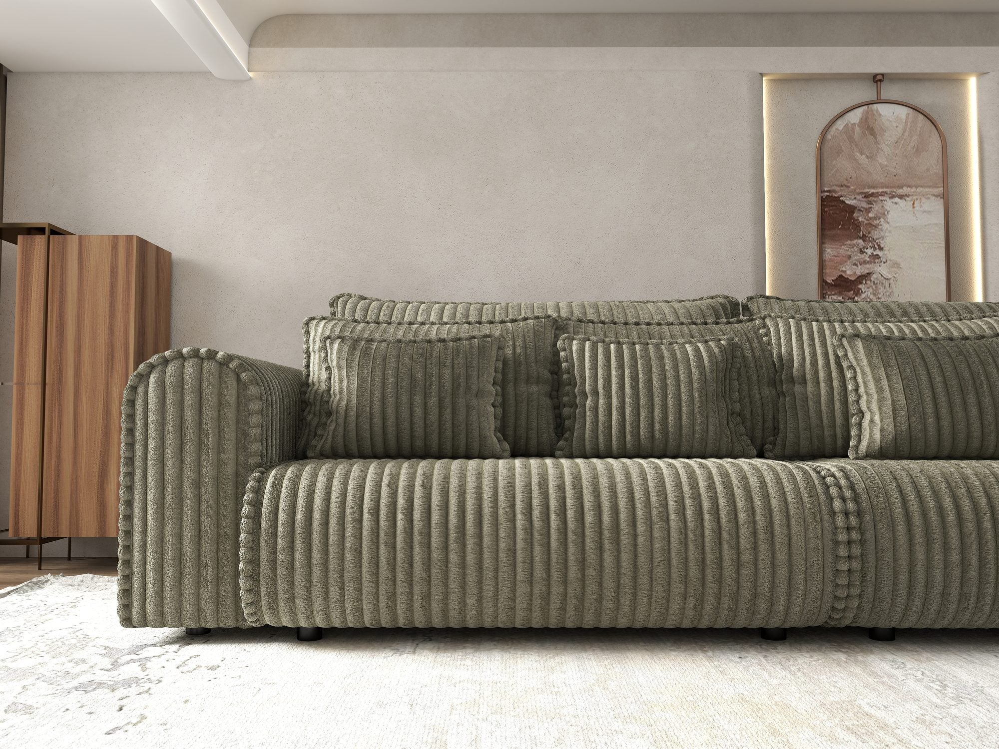 Canapea extensibilă dumonde cu ladă de depozitare si sezut confortabil din spuma high-density, Monaco Tilia Verde Olive 300x130 cm