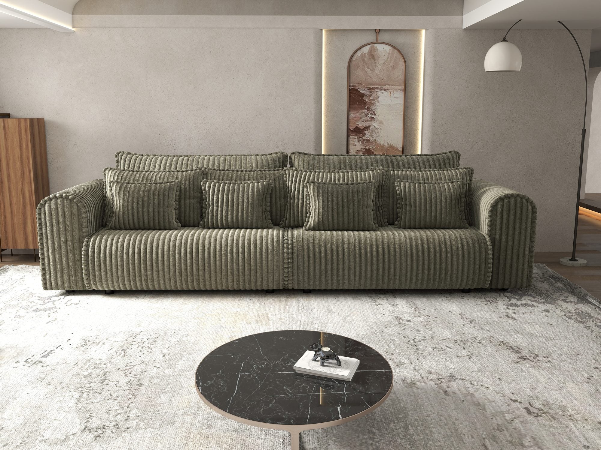 Canapea extensibilă dumonde cu ladă de depozitare si sezut confortabil din spuma high-density, Monaco Tilia Verde Olive 300x130 cm