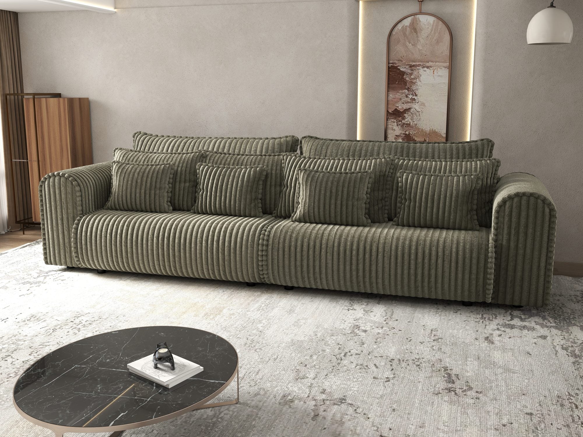 Canapea extensibilă dumonde cu ladă de depozitare si sezut confortabil din spuma high-density, Monaco Tilia Verde Olive 300x130 cm