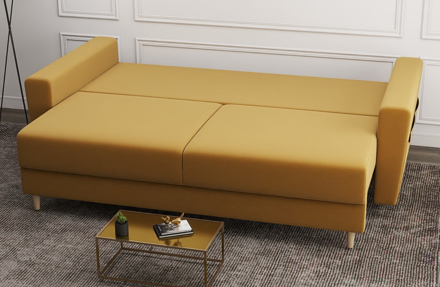 Canapea extensibilă dumonde cu ladă de depozitare si sezut confortabil din spuma HR, Summer Royal Mustar 225x100 cm