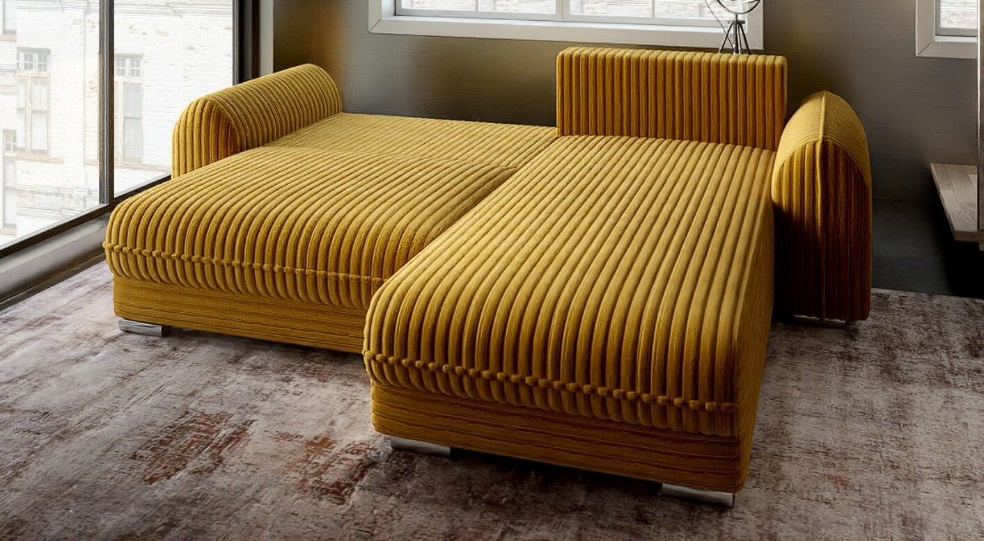Colțar extensibil dumonde cu ladă de depozitare si sezut confortabil din spuma HR, Denver Ambience Mustar 275x185 cm II Fabrica