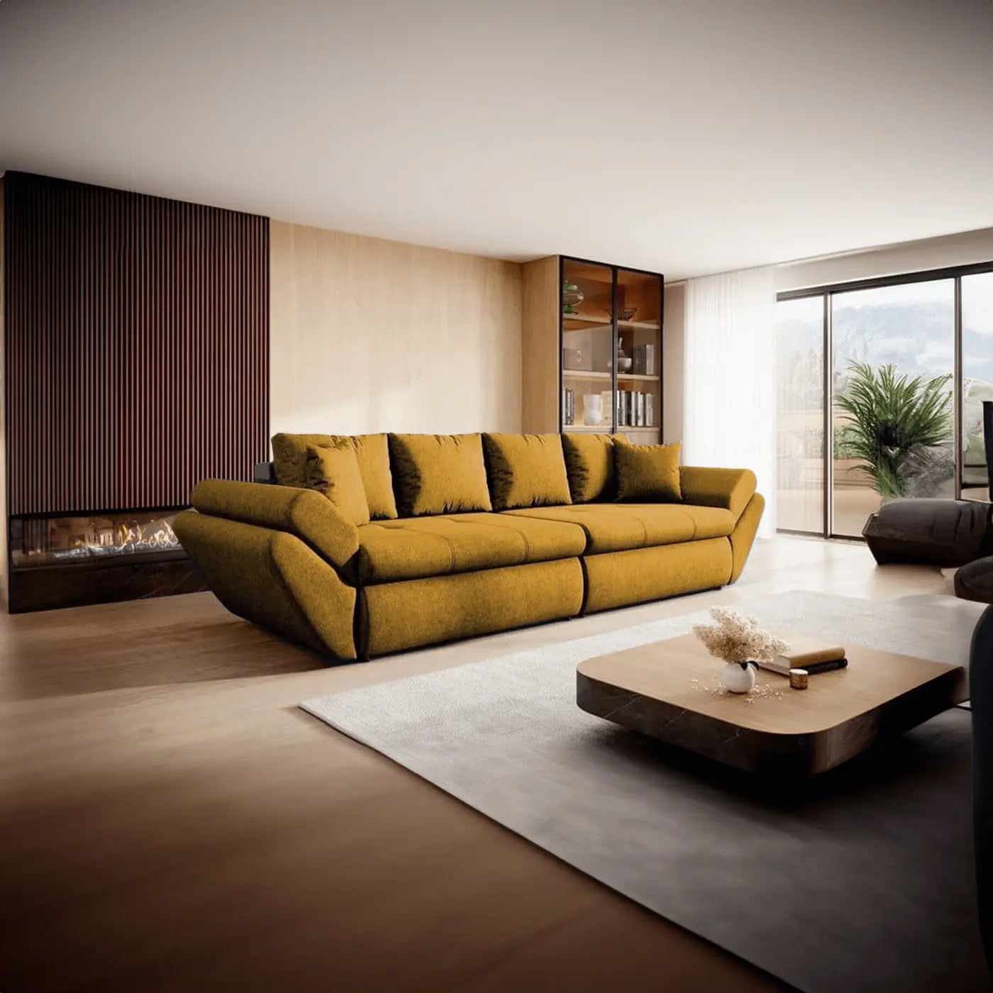 Canapea extensibilă dumonde cu ladă de depozitare si sezut confortabil din spuma HR, Loana Muștar Fresh 300x100 cm