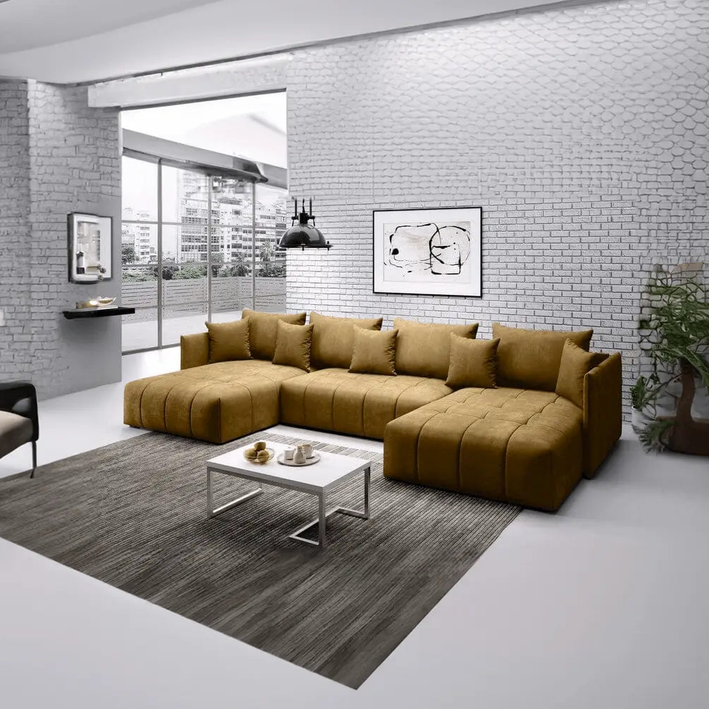 Colțar extensibil dumonde cu ladă de depozitare si sezut confortabil din spuma HR, Malta U Muștar 2 340x185 cm Fabrica