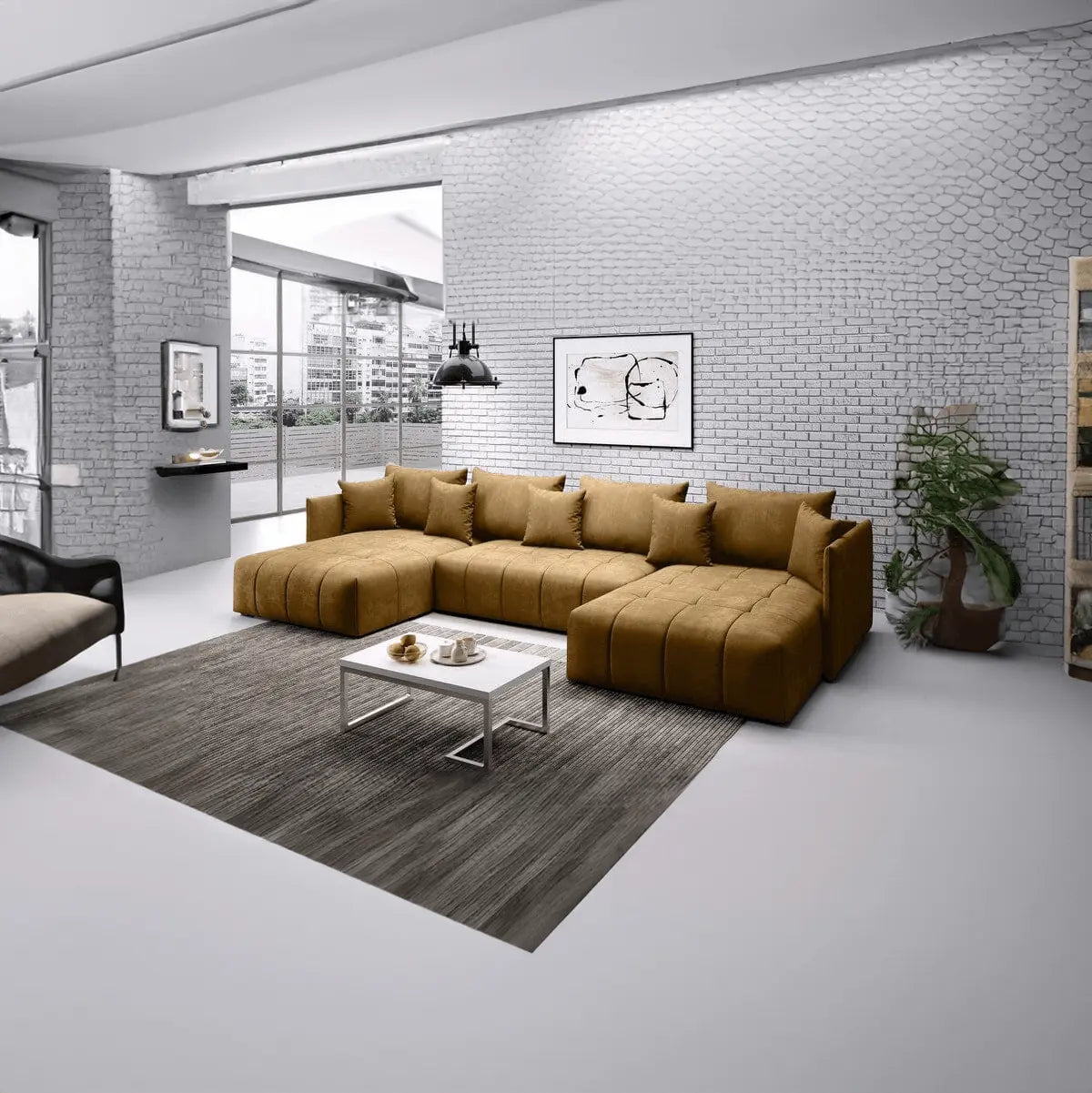 Colțar extensibil dumonde cu ladă de depozitare si sezut confortabil din spuma HR, Malta U Muștar 2 340x185 cm Fabrica