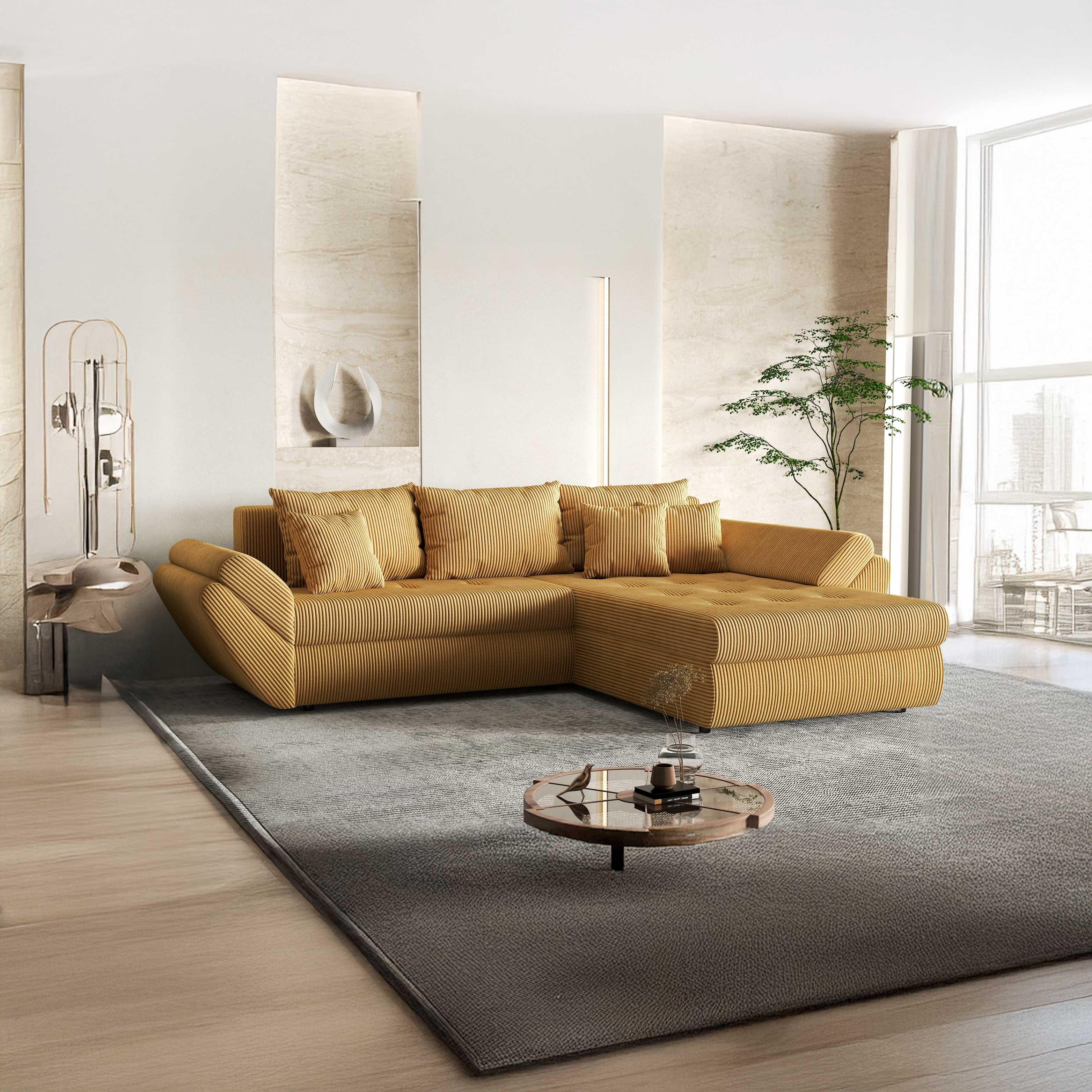 Colțar extensibil dumonde cu ladă de depozitare si sezut confortabil din spuma HR, Loana Mustar Zoom II 270x185 cm Fabrica