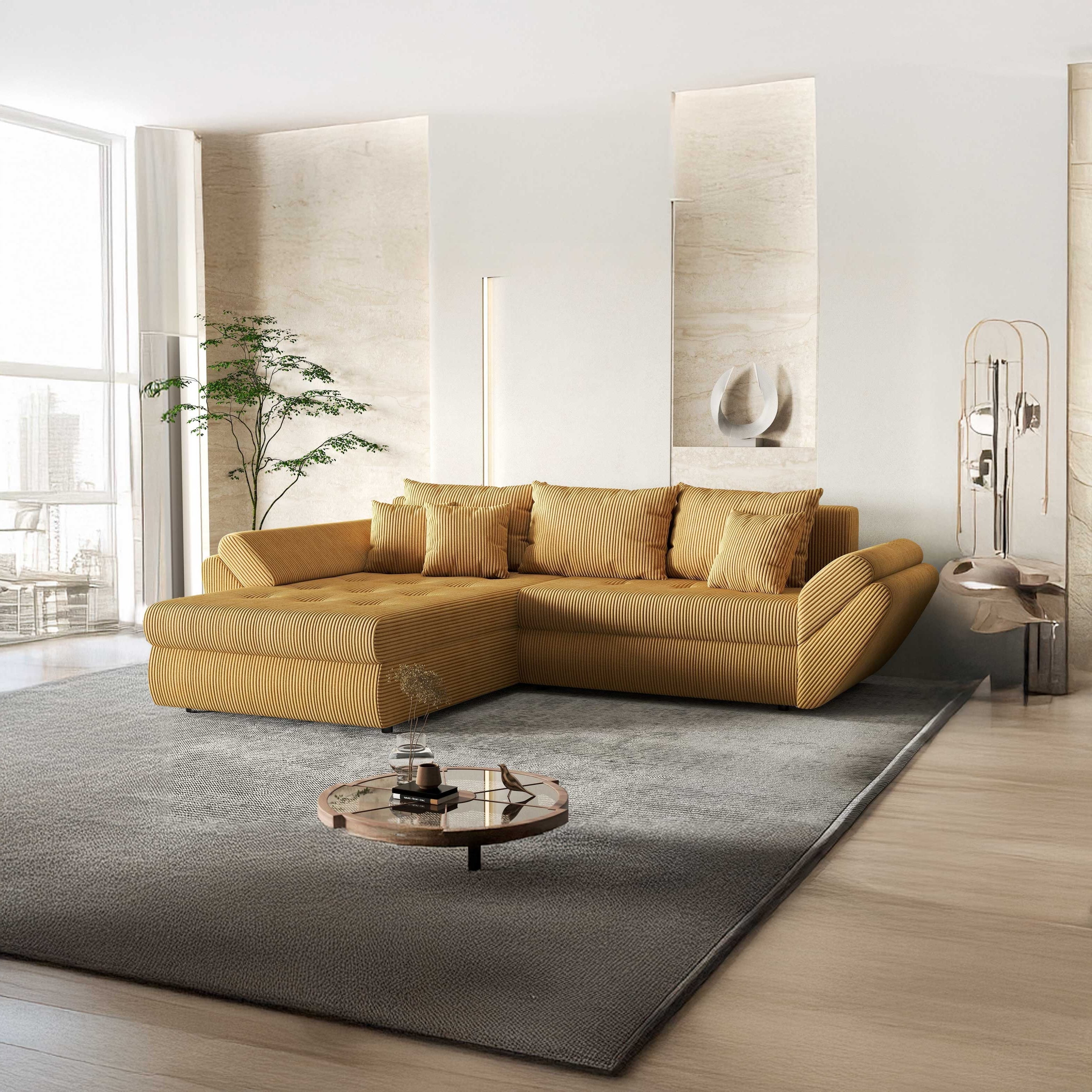 Colțar extensibil dumonde cu ladă de depozitare si sezut confortabil din spuma HR, Loana Mustar Zoom 270x185 cm Fabrica
