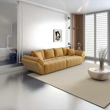 Canapea extensibilă dumonde cu ladă de depozitare si sezut confortabil din spuma HR, Berlin Royal Mustar 300x100 cm Fabrica