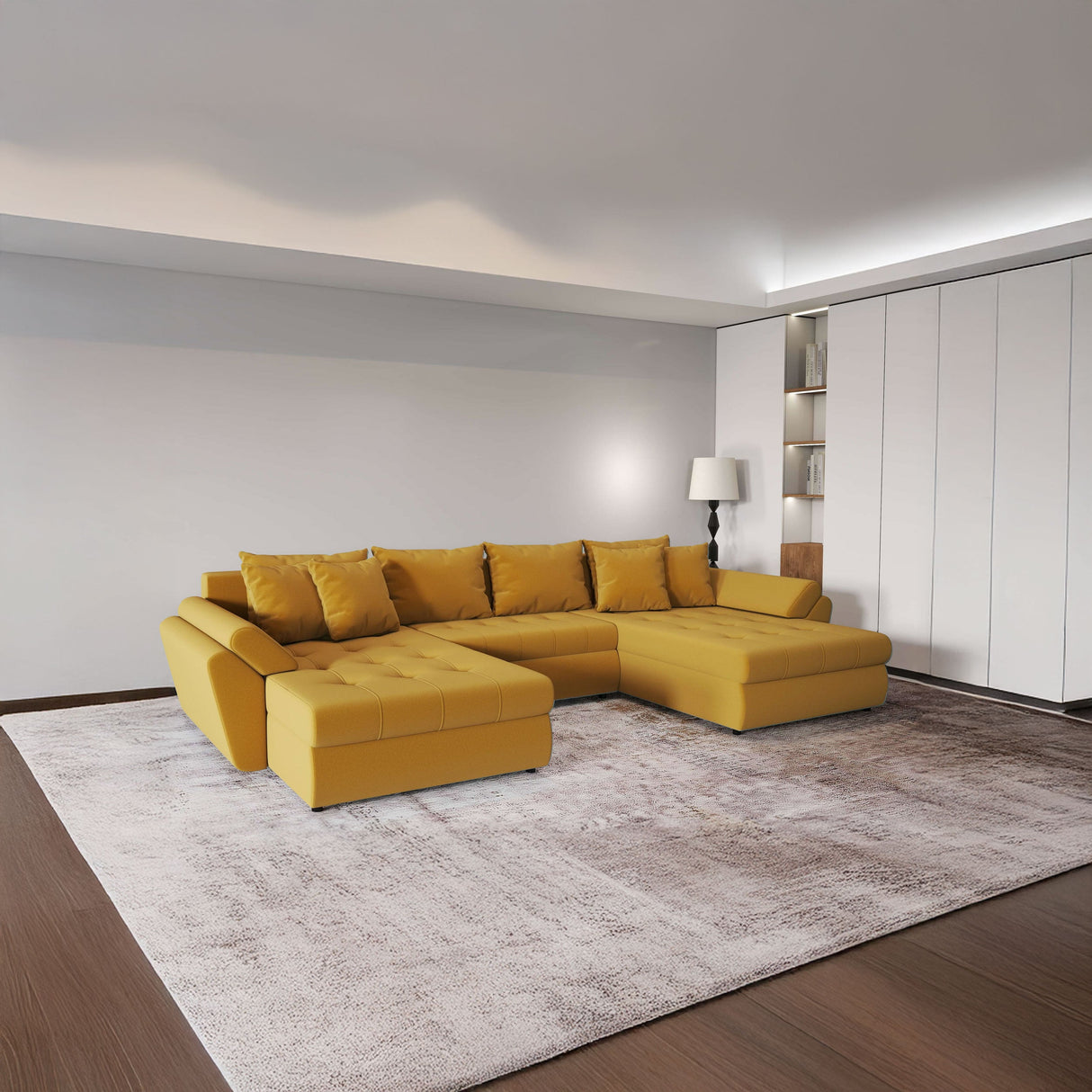 Colțar extensibil dumonde cu ladă de depozitare si sezut confortabil din spuma HR, Loana Royal Mustar U 355x185 cm Fabrica