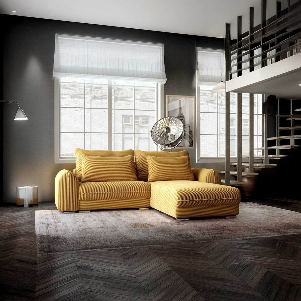 Colțar extensibil dumonde cu ladă de depozitare si sezut confortabil din spuma HR, Denver Zoom Mustar 275x185 cm II Fabrica