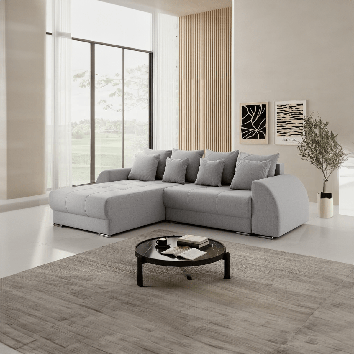 Colțar extensibil dumonde cu ladă de depozitare si sezut confortabil din spuma HR, Verona Grey 290x185 cm Fabrica