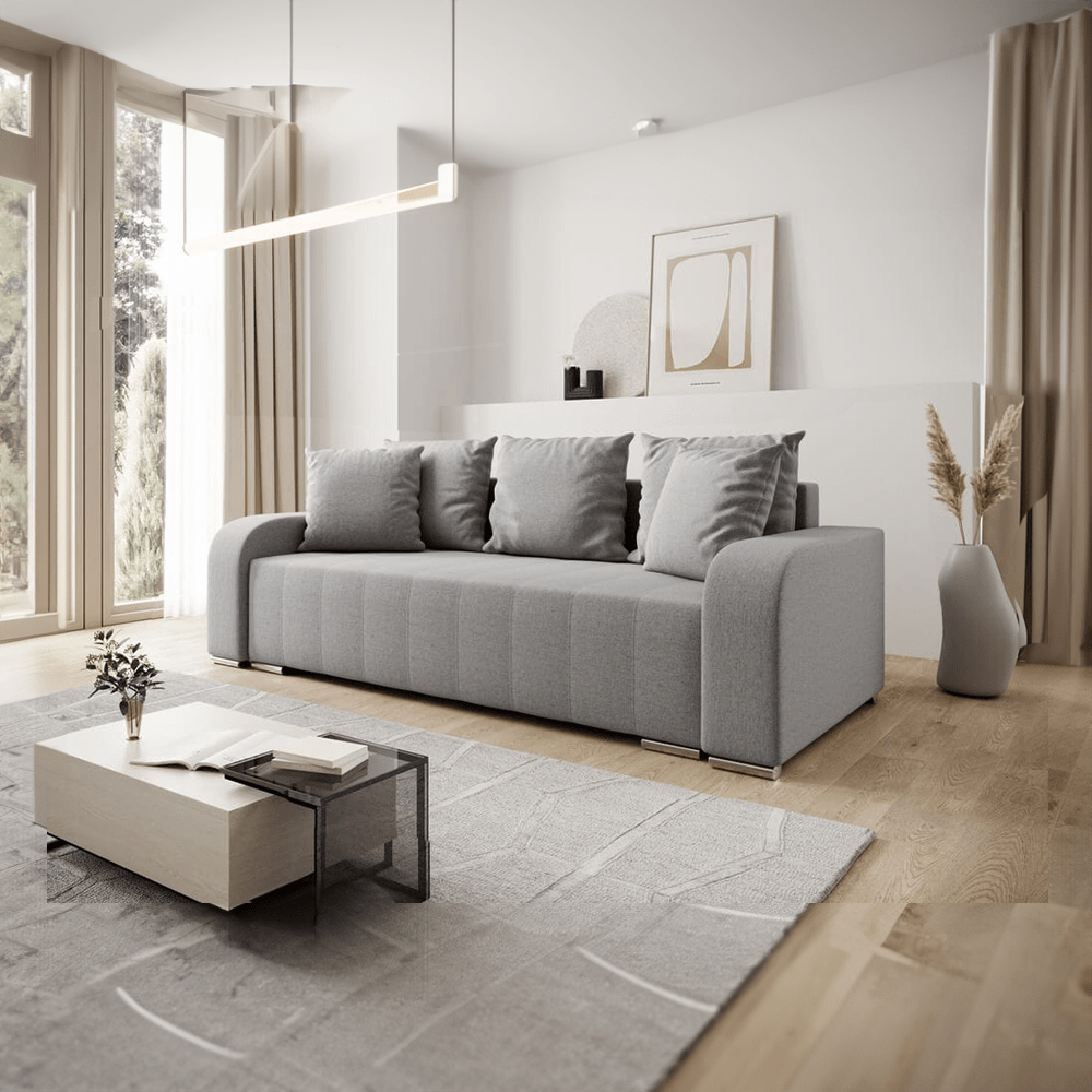 Canapea extensibilă cu ladă de depozitare si sezut confortabil din spuma HR, Sofia Grey 240x100 cm Fabrica
