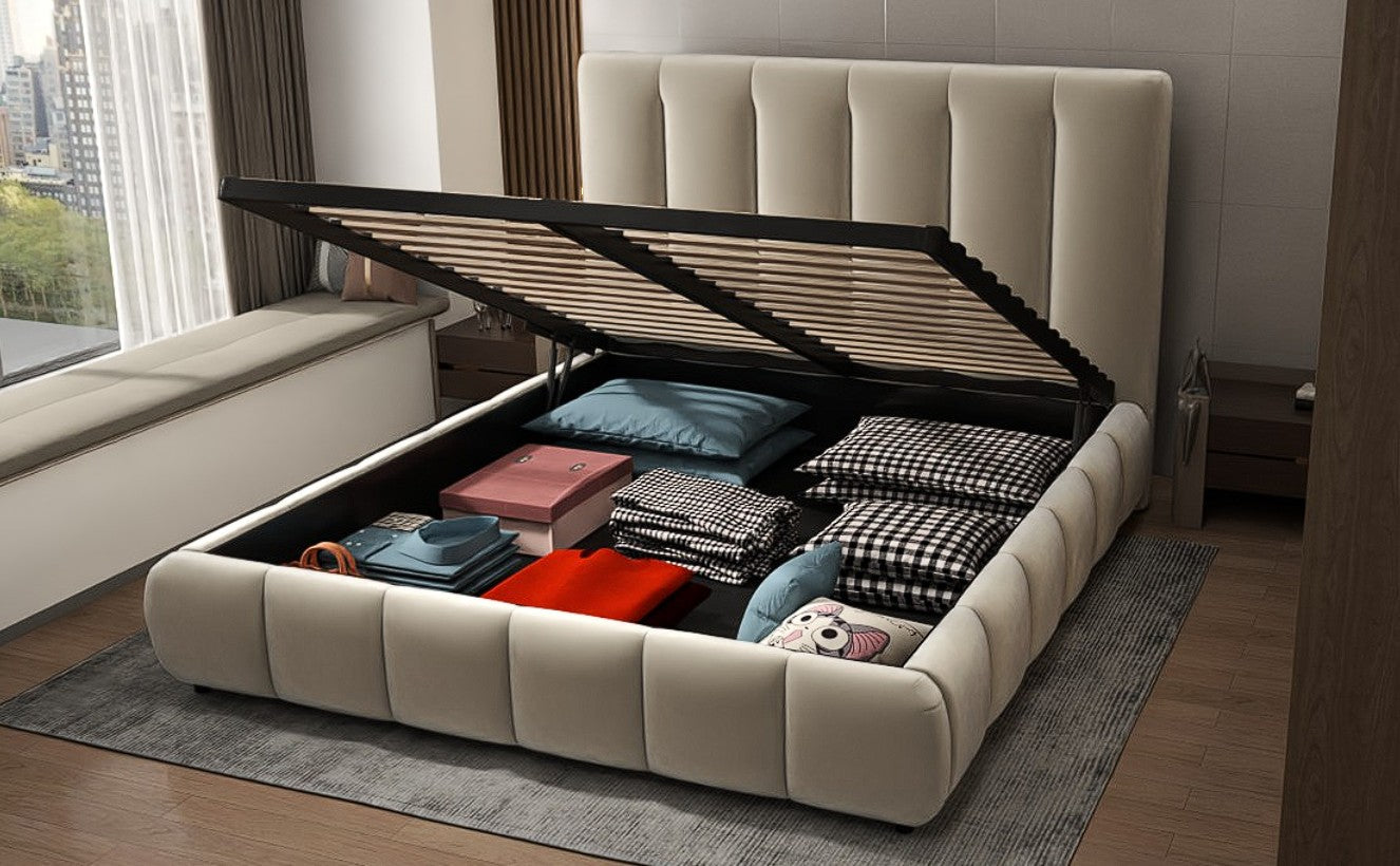 Pat dormitor dumonde, tapitat bej, Divaneo 160x200 cm, somiera rabatabila inclusa, spatiu depozitare WLS