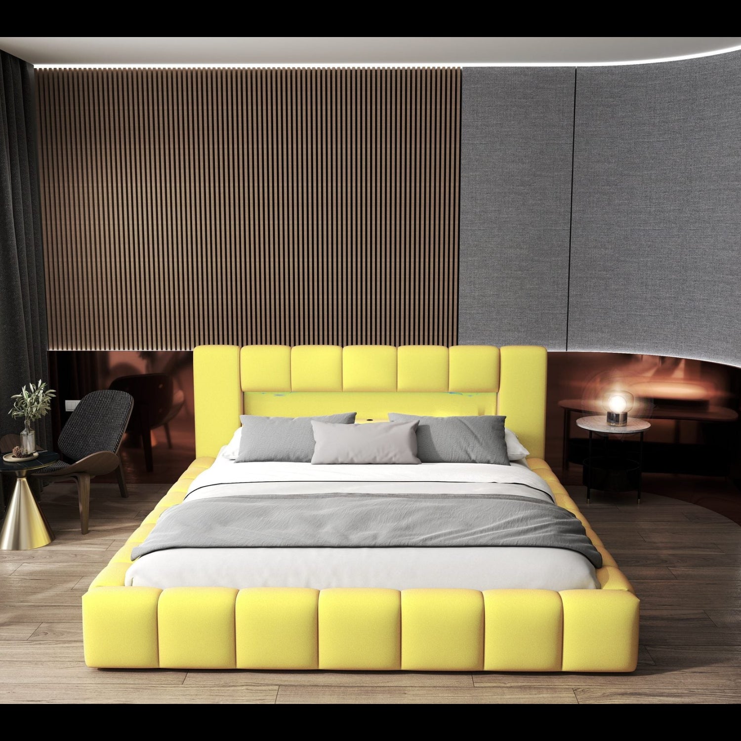 Pat dormitor dumonde, tapitat galben cu LED si USB, Palermo 140x200 cm, somiera rabatabila inclusa, spatiu depozitare