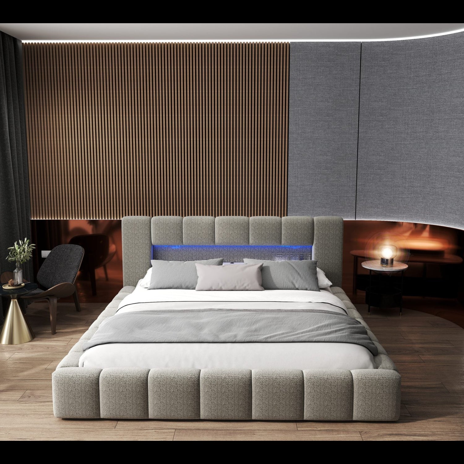 Pat dormitor dumonde, tapitat bej cu LED si USB, Palermo 160x200 cm, somiera rabatabila inclusa, spatiu depozitare