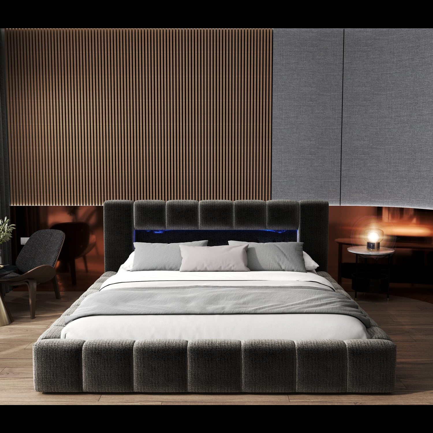 Pat dormitor dumonde, tapitat gri cu LED si USB, Palermo 160x200 cm, somiera rabatabila inclusa, spatiu depozitare