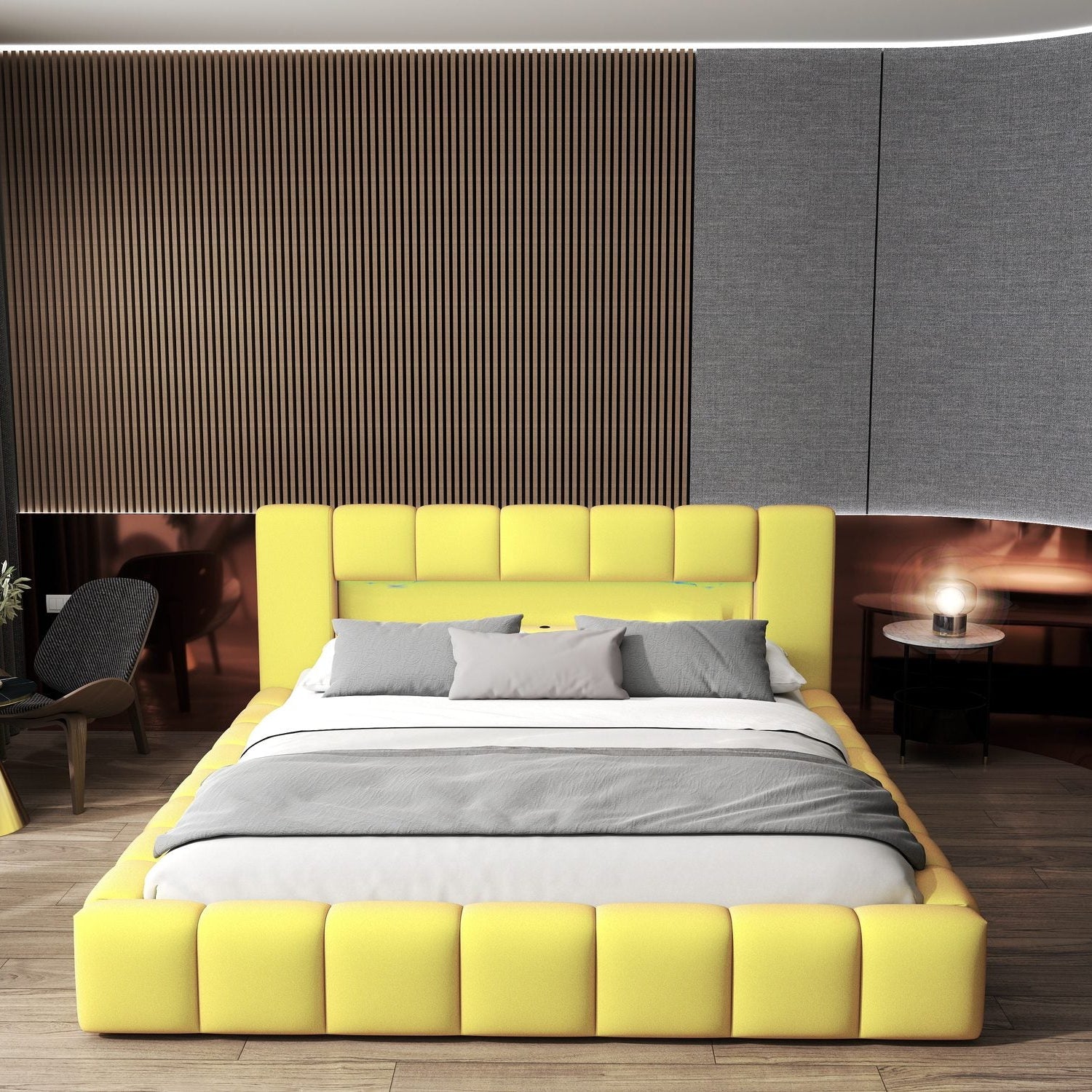 Pat dormitor dumonde, tapitat galben cu LED si USB, Palermo 160x200 cm, somiera rabatabila inclusa, spatiu depozitare