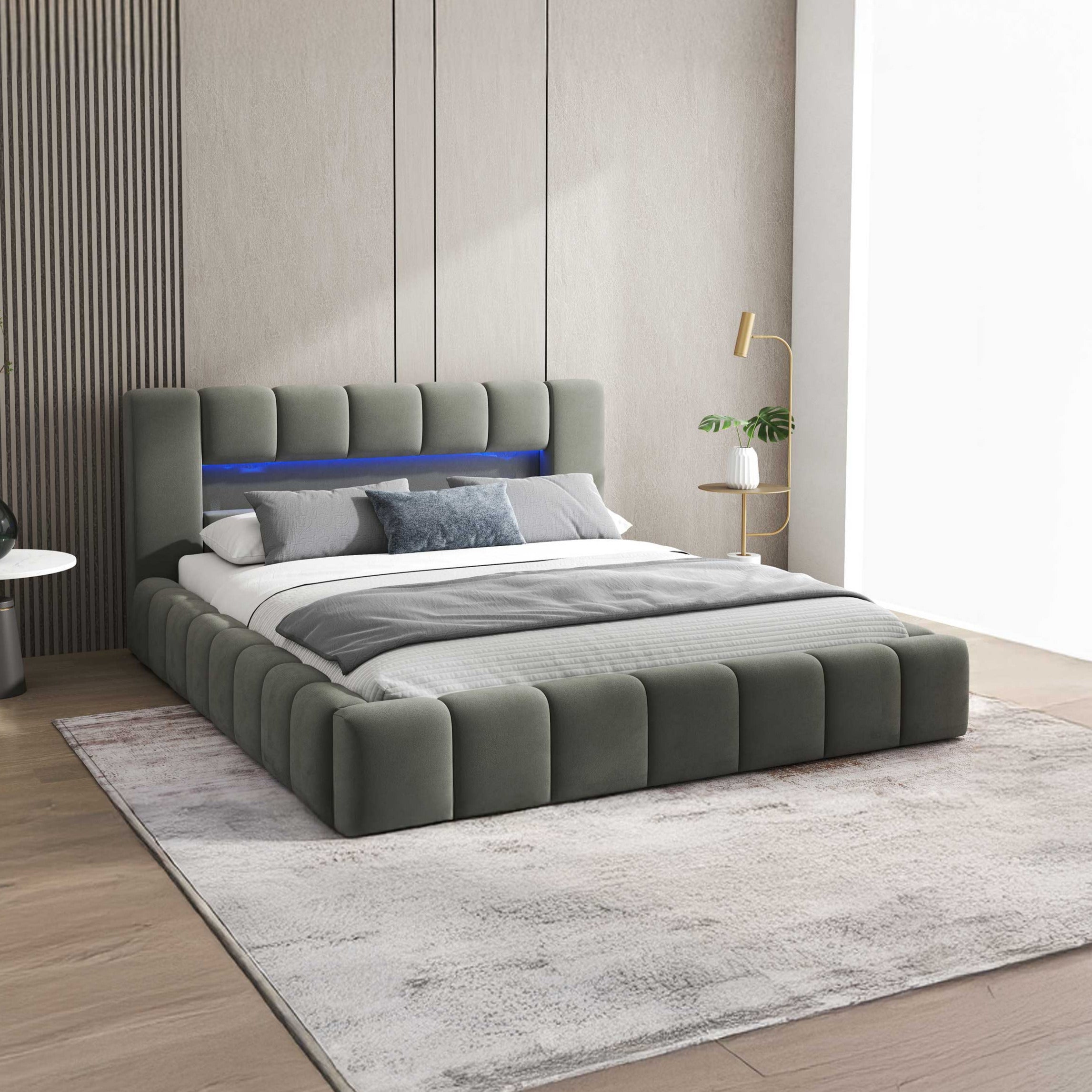 Pat dormitor dumonde, tapitat gri cu LED si USB, Palermo 140x200 cm, somiera rabatabila inclusa, spatiu depozitare WLS