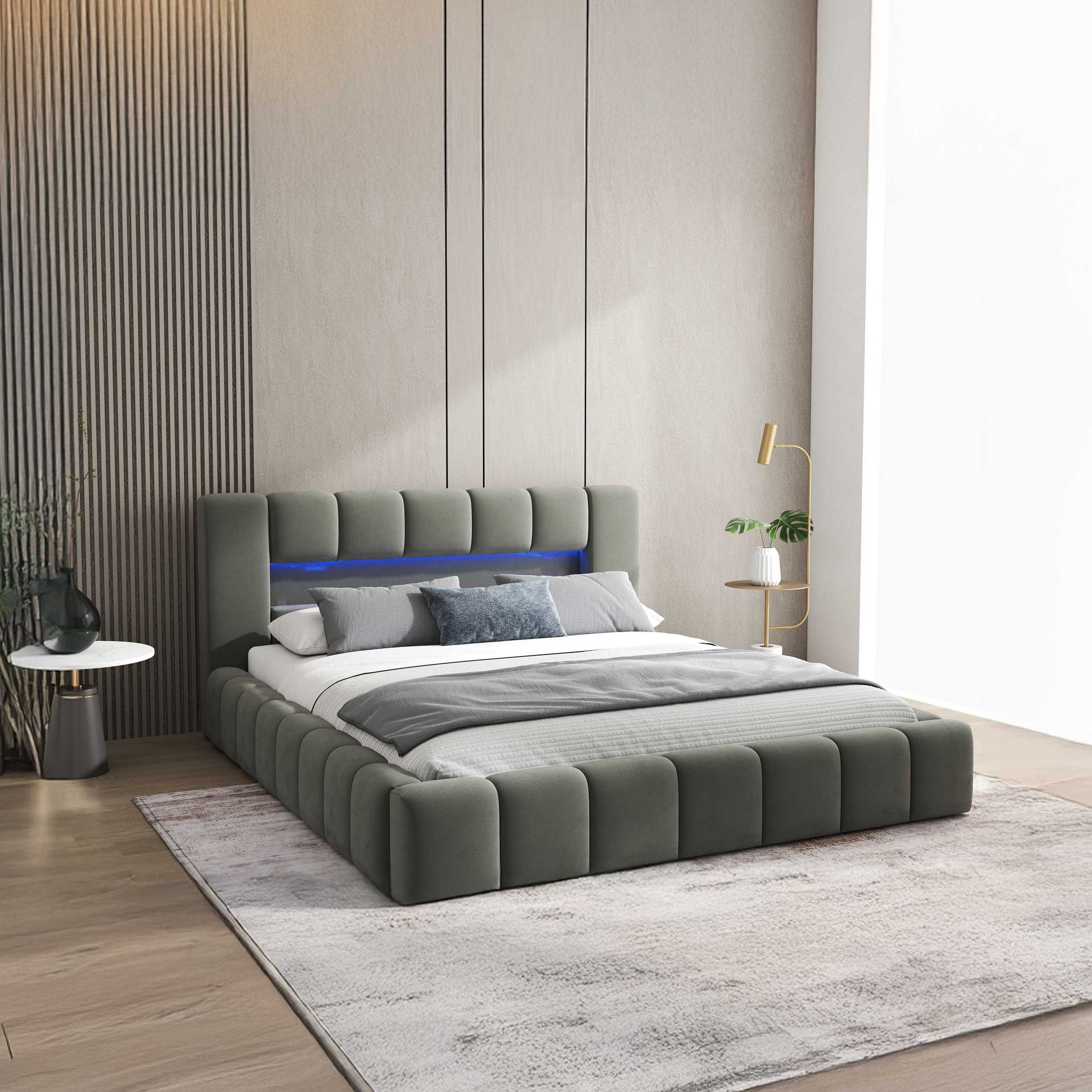 Pat dormitor dumonde, tapitat gri cu LED si USB, Palermo 140x200 cm, somiera rabatabila inclusa, spatiu depozitare WLS
