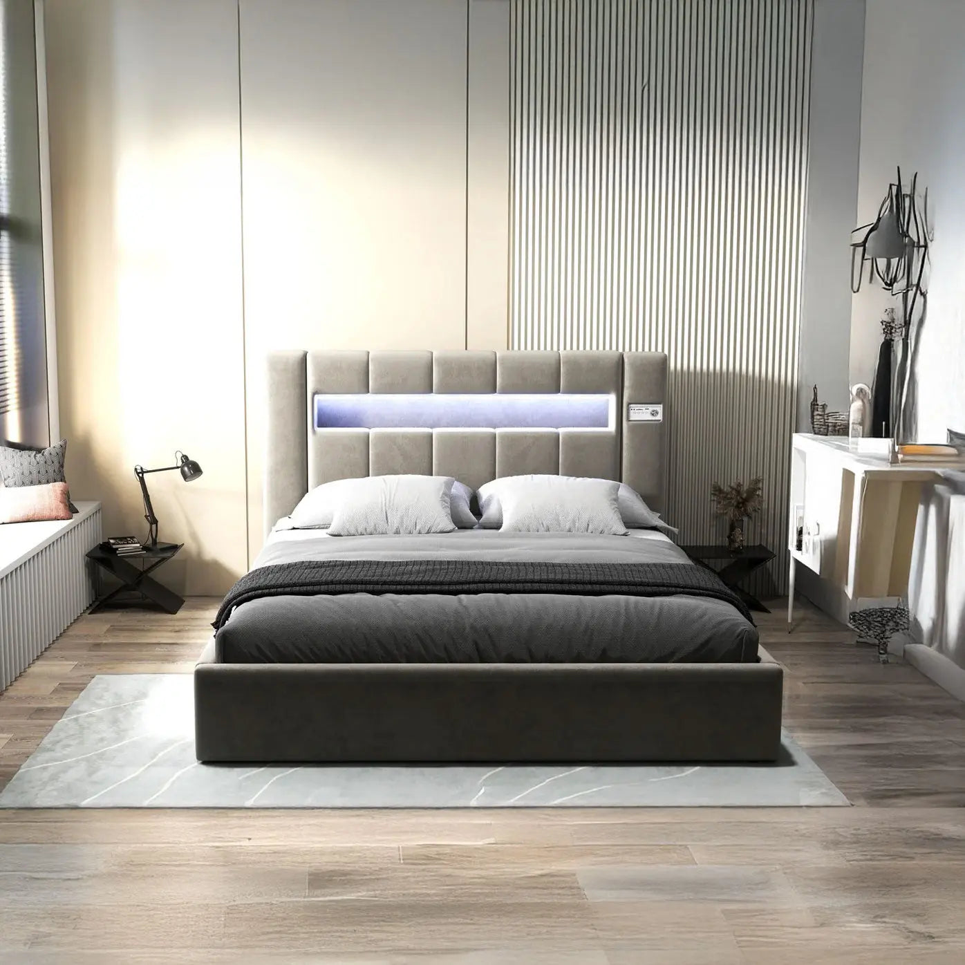 Pat dormitor dumonde, tapitat bej, Glow 180x200 cm, somiera rabatabila inclusa, spatiu depozitare WLS