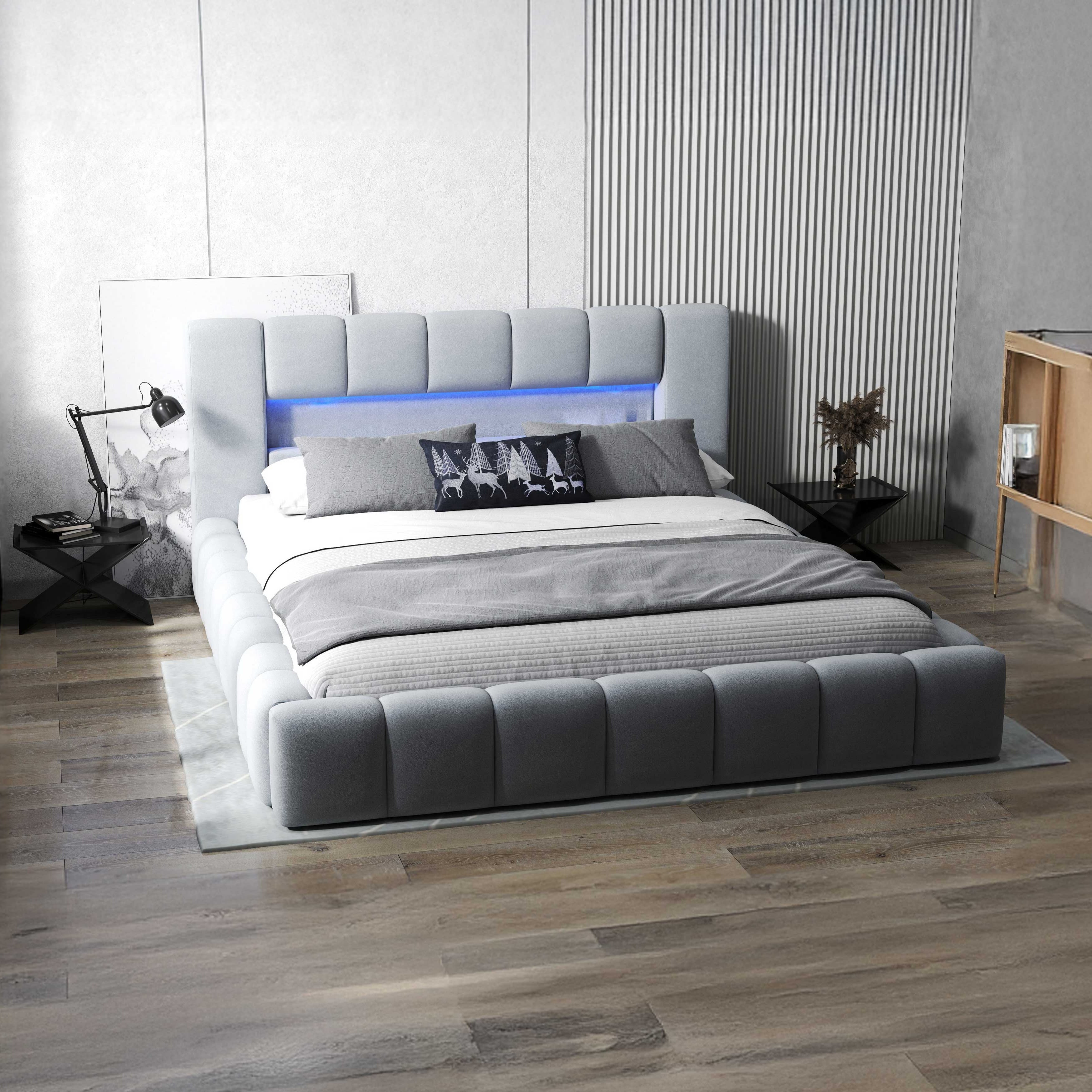 Pat dormitor dumonde, tapitat gri cu LED si USB, Palermo 140x200 cm, somiera rabatabila inclusa, spatiu depozitare WLS