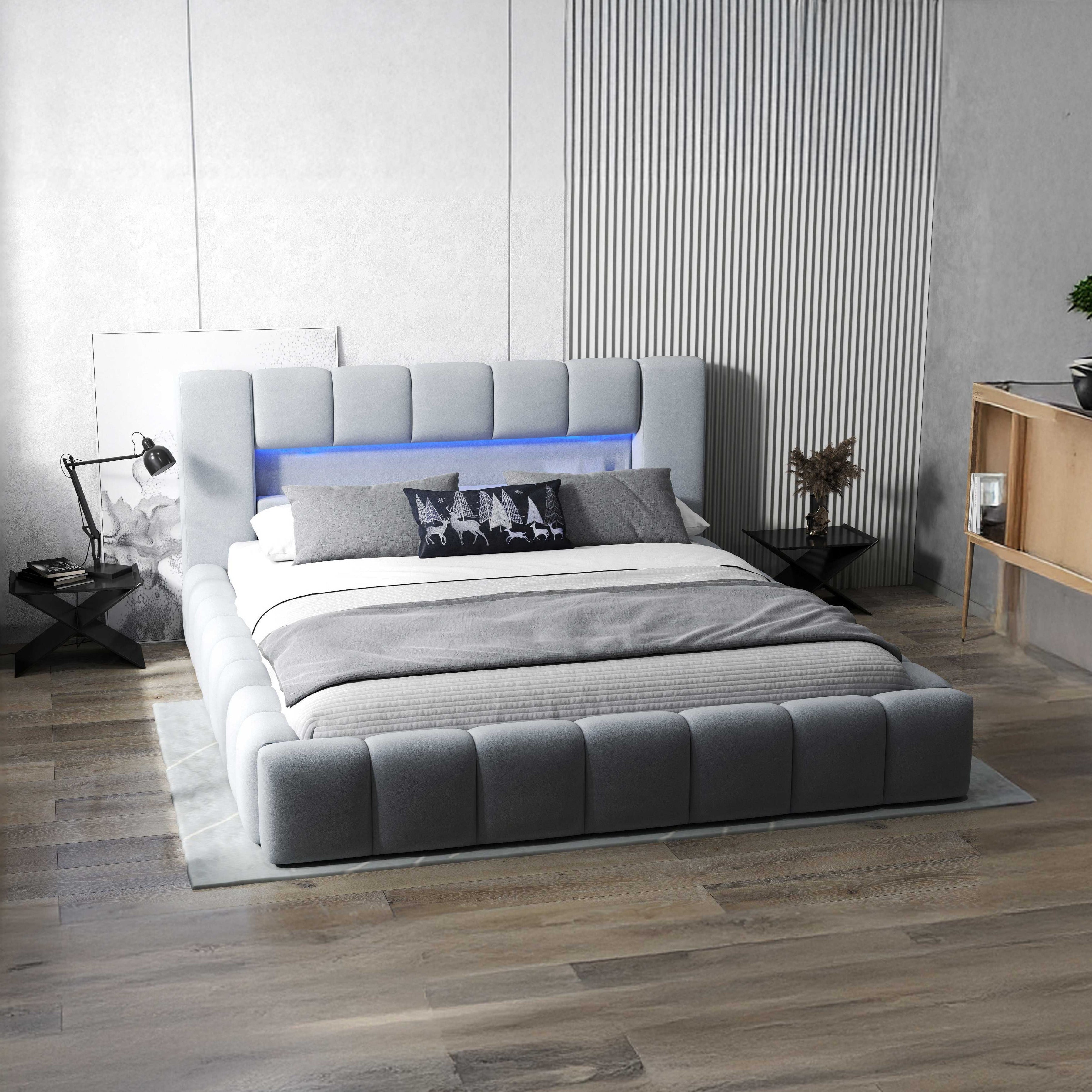 Pat dormitor dumonde, tapitat gri cu LED si USB, Palermo 140x200 cm, somiera rabatabila inclusa, spatiu depozitare WLS