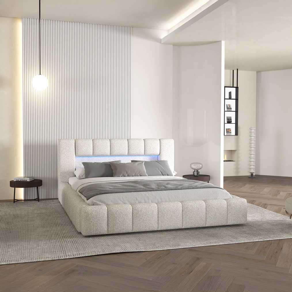 Pat dormitor dumonde, tapitat alb cu LED si USB, Palermo 180x200 cm, somiera rabatabila inclusa, spatiu depozitare