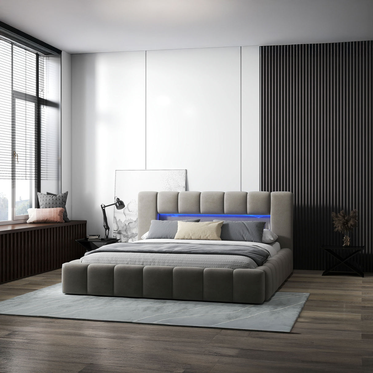Pat dormitor dumonde, tapitat bej cu LED si USB, Palermo 140x200 cm, somiera rabatabila inclusa, spatiu depozitare
