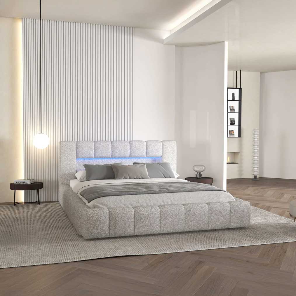 Pat dormitor dumonde, tapitat gri cu LED si USB, Palermo 160x200 cm, somiera rabatabila inclusa, spatiu depozitare
