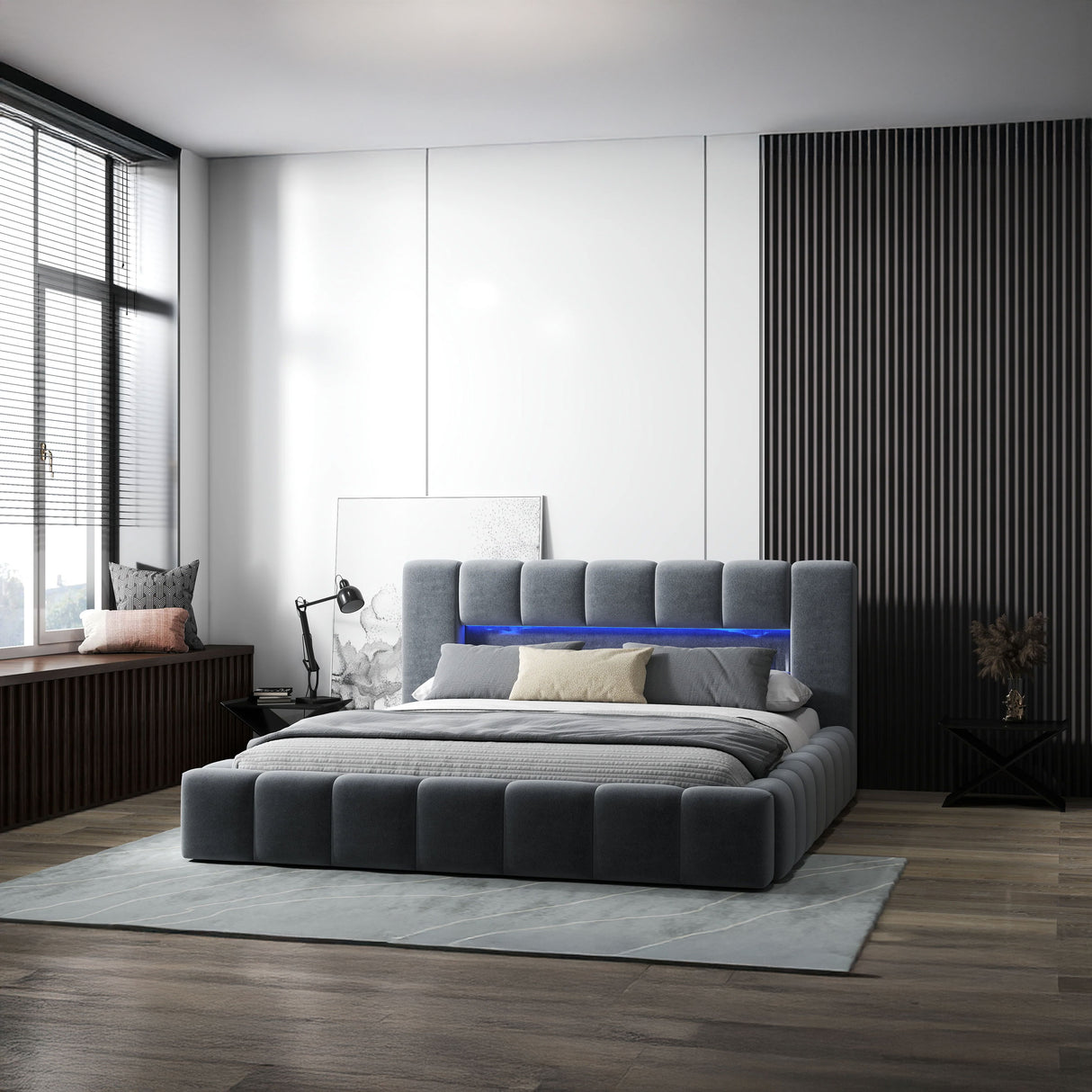 Pat dormitor dumonde, tapitat gri cu LED si USB, Palermo 180x200 cm, somiera rabatabila inclusa, spatiu depozitare