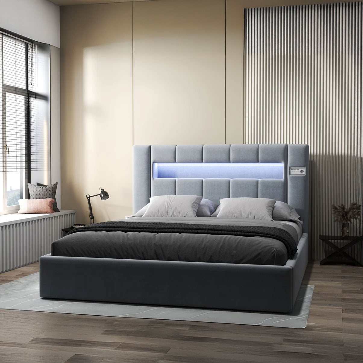 Pat dormitor dumonde, tapitat gri, Glow 180x200 cm, somiera rabatabila inclusa, spatiu depozitare