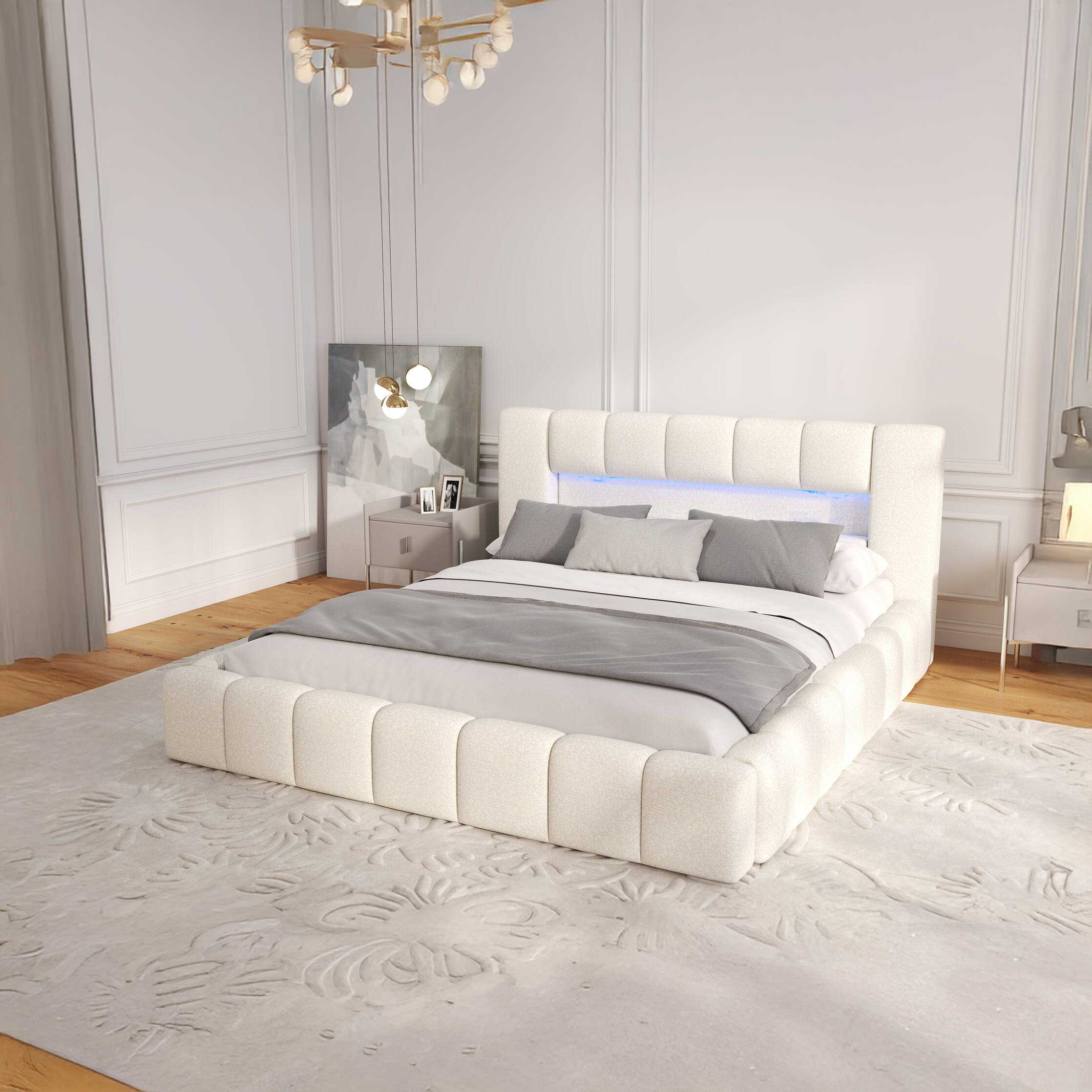 Pat dormitor dumonde, tapitat bej, Palermo 180x200 cm, somiera rabatabila inclusa, spatiu depozitare