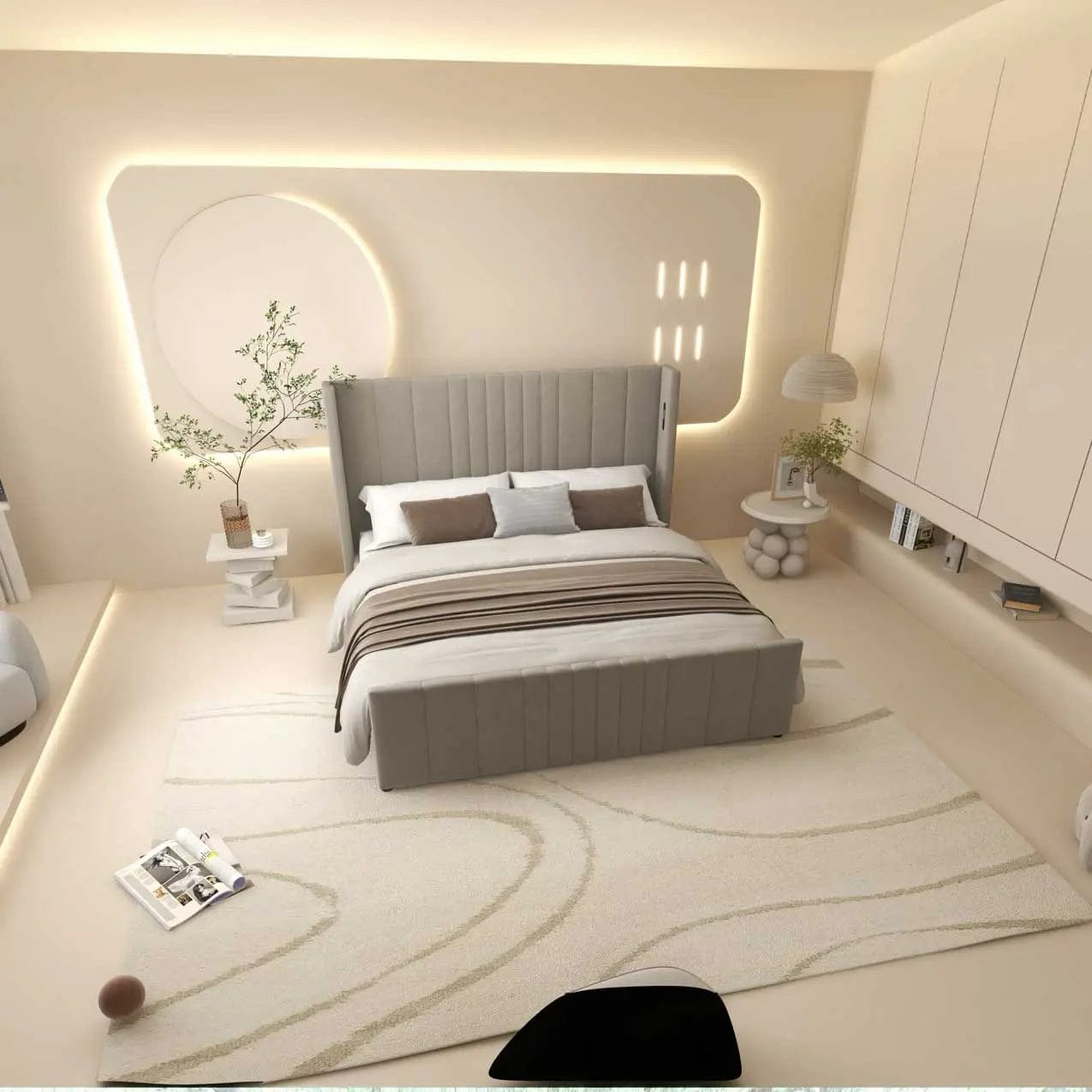 Pat dormitor dumonde, tapitat bej, cu LED, USB, Lisbon 160x200 cm, somiera rabatabila inclusa, spatiu depozitare