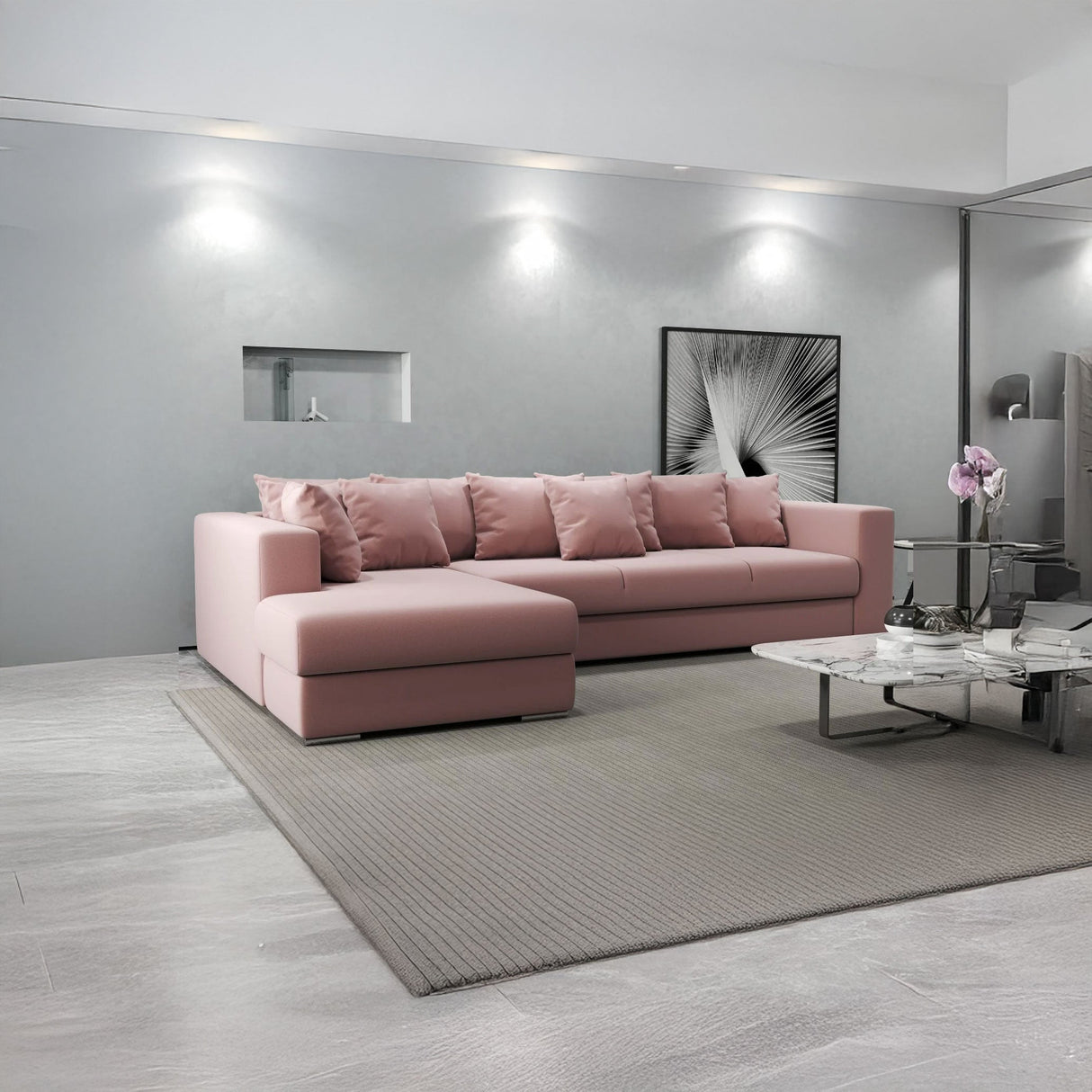 Colțar extensibil dumonde cu ladă de depozitare si sezut confortabil din spuma HR, Gloria Pink 320x183 cm Fabrica
