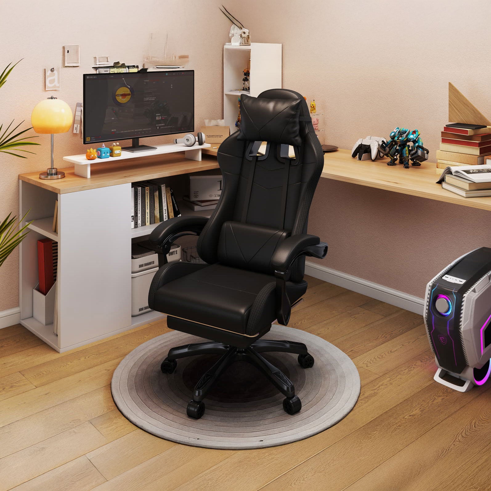 Scaun gaming Dumonde PULSE, LED, mecanism multifuncțional, ecopiele, suport picioare, negru