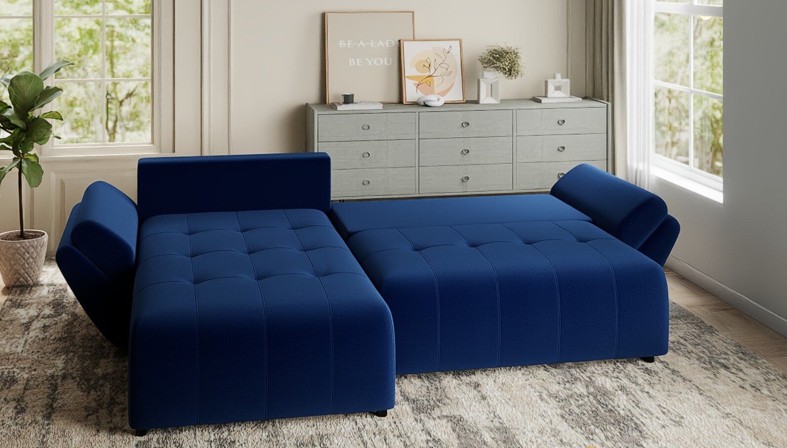 Colțar extensibil dumonde cu ladă de depozitare si sezut confortabil din spuma HR, Berlin Royal Albastru Navy 280x185 cm