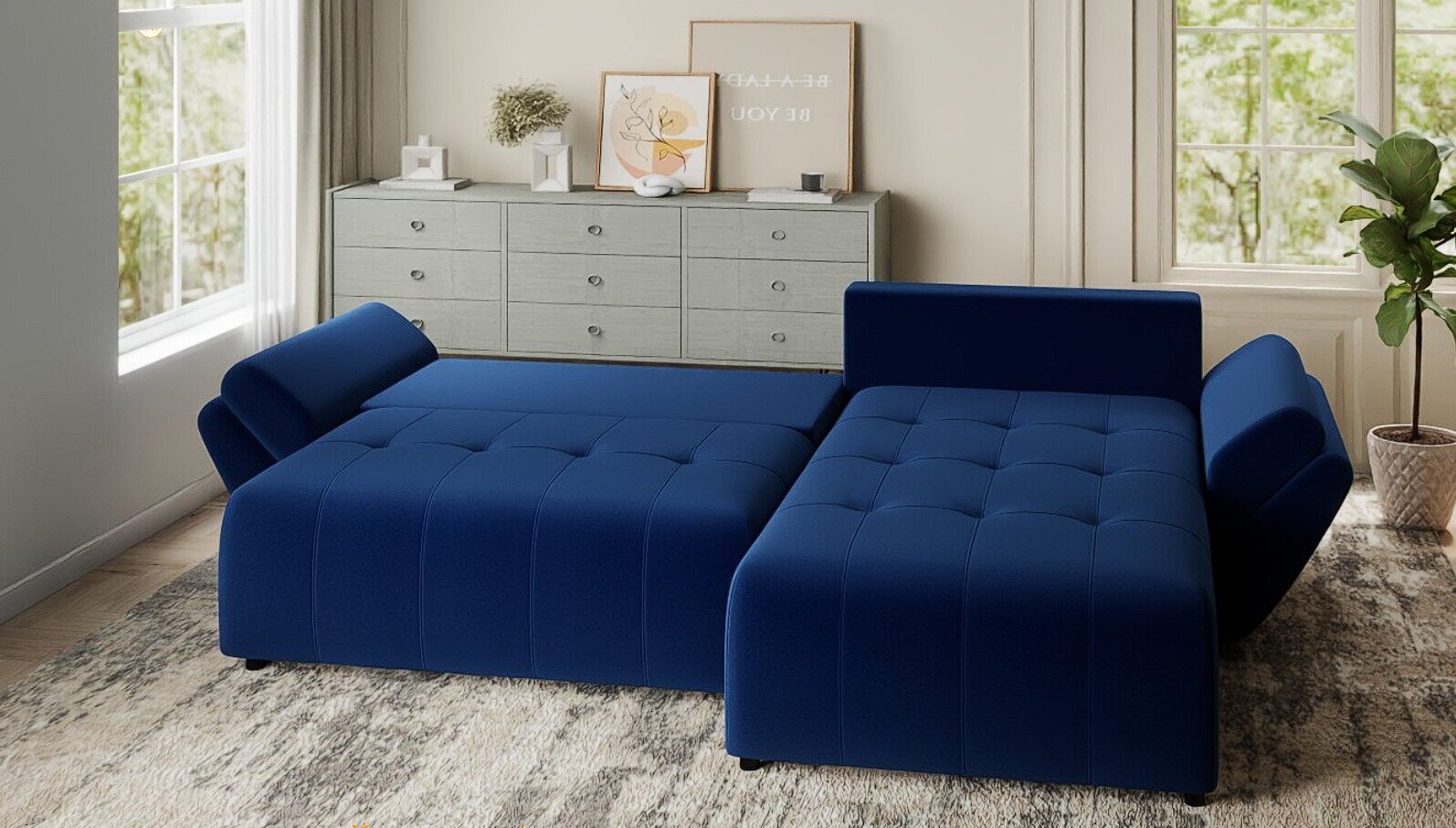 Colțar extensibil dumonde cu ladă de depozitare si sezut confortabil din spuma HR, Berlin Royal Albastru Navy 280x185 cm II