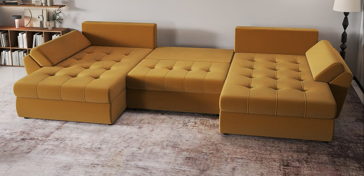 Colțar extensibil dumonde cu ladă de depozitare si sezut confortabil din spuma HR, Loana Royal Mustar U 355x185 cm Fabrica