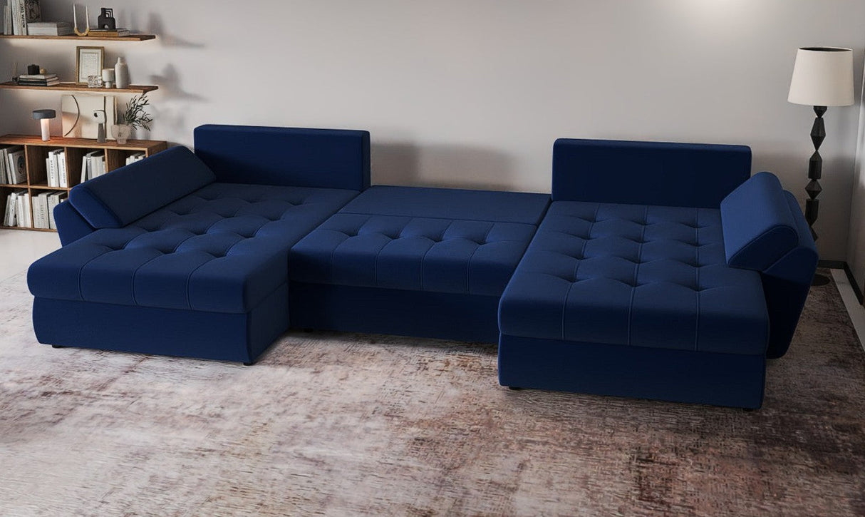 Colțar extensibil dumonde cu ladă de depozitare si sezut confortabil din spuma HR, Loana Royal Albastru U 355x185 cm Fabrica