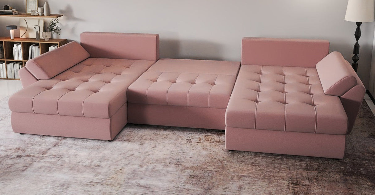 Colțar extensibil dumonde cu ladă de depozitare si sezut confortabil din spuma HR, Loana Royal Roz U 355x185 cm Fabrica