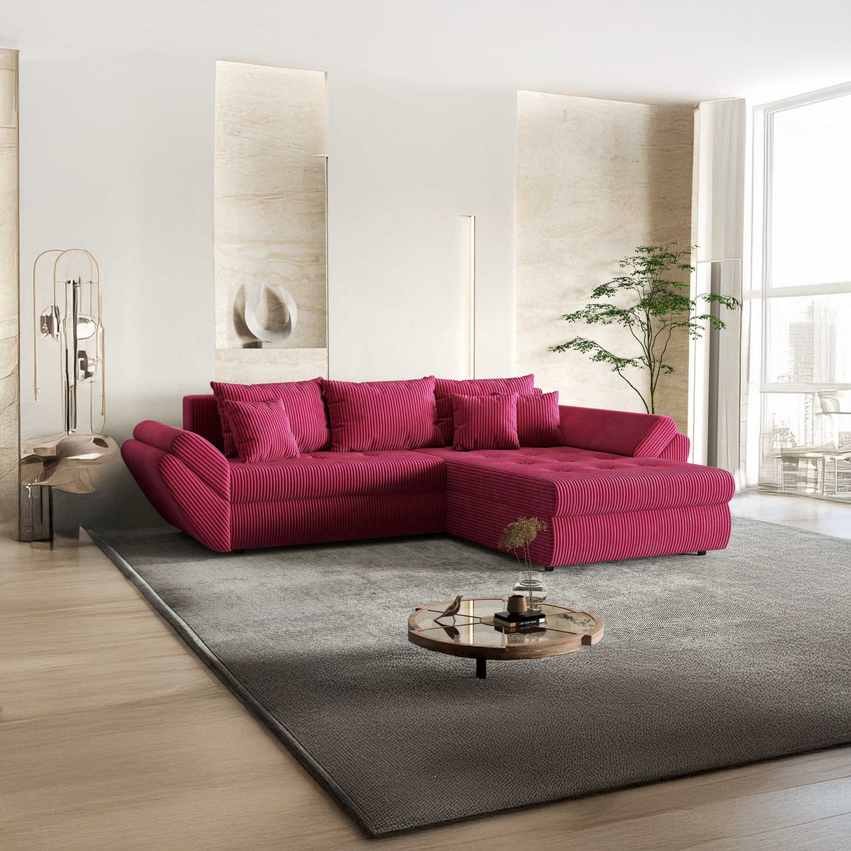 Colțar extensibil dumonde cu ladă de depozitare si sezut confortabil din spuma HR, Loana Bordeaux Zoom II 270x185 cm Fabrica