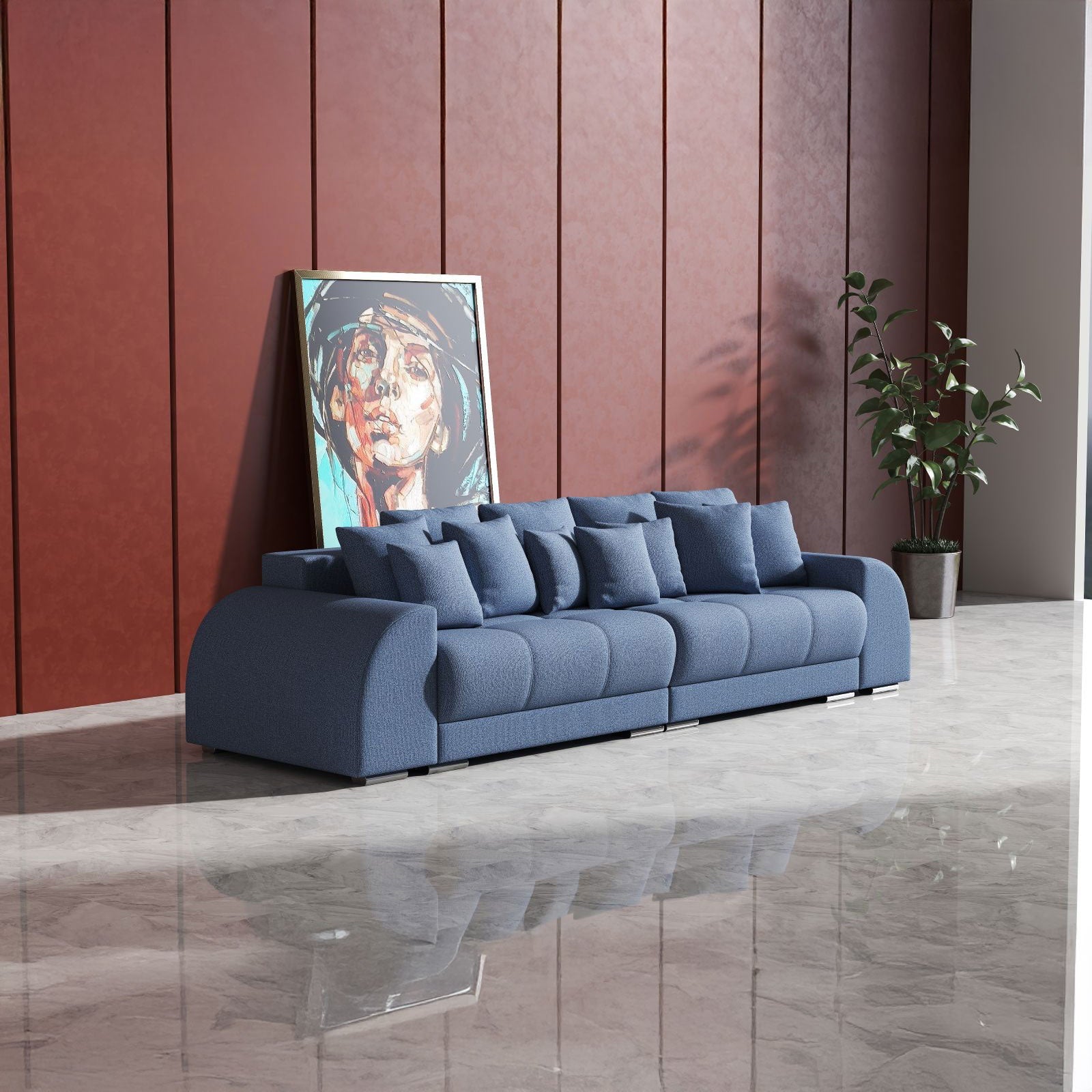 Canapea extensibilă dumonde cu 2 lăzi de depozitare si sezut confortabil din spuma HR, Big Sofa Verona Enjoy Lux Blue 310x100 cm Fabrica