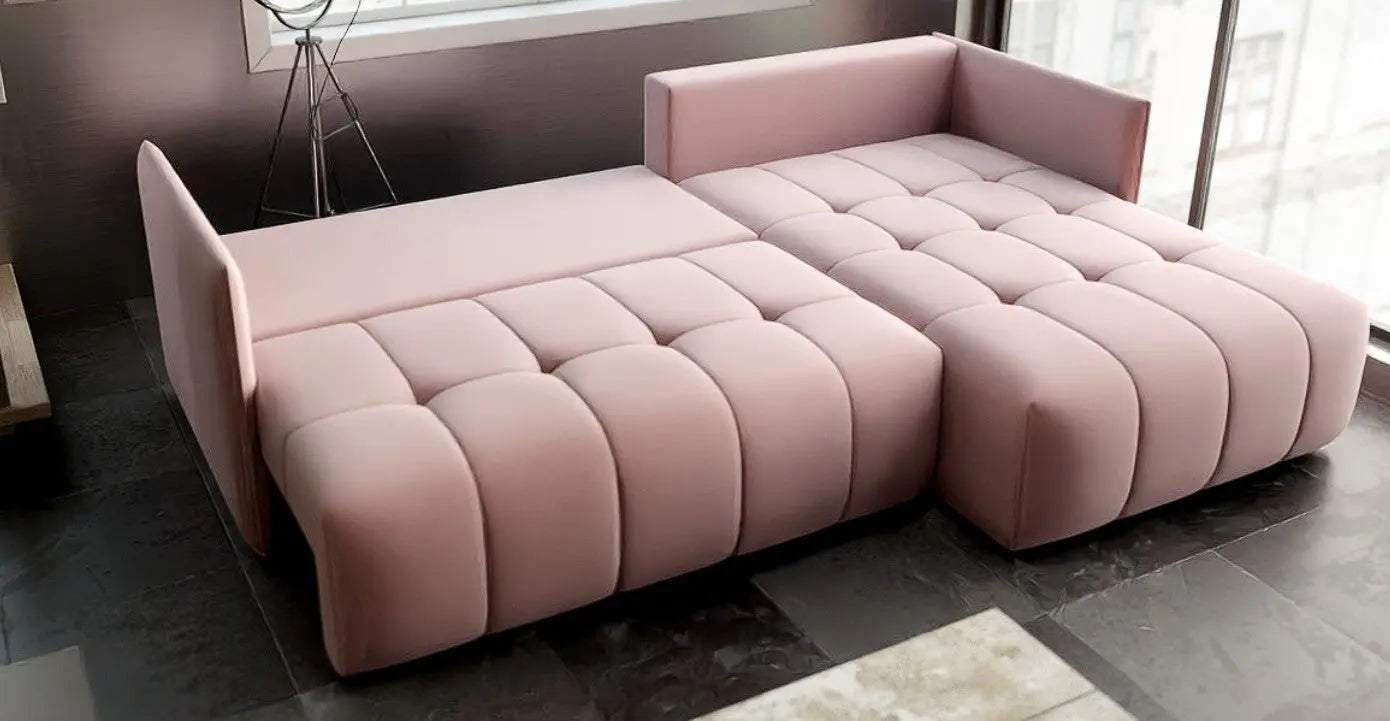 Colțar extensibil dumonde cu ladă de depozitare si sezut confortabil din spuma HR, Malta Roz Pudrat II 235x185 cm Fabrica