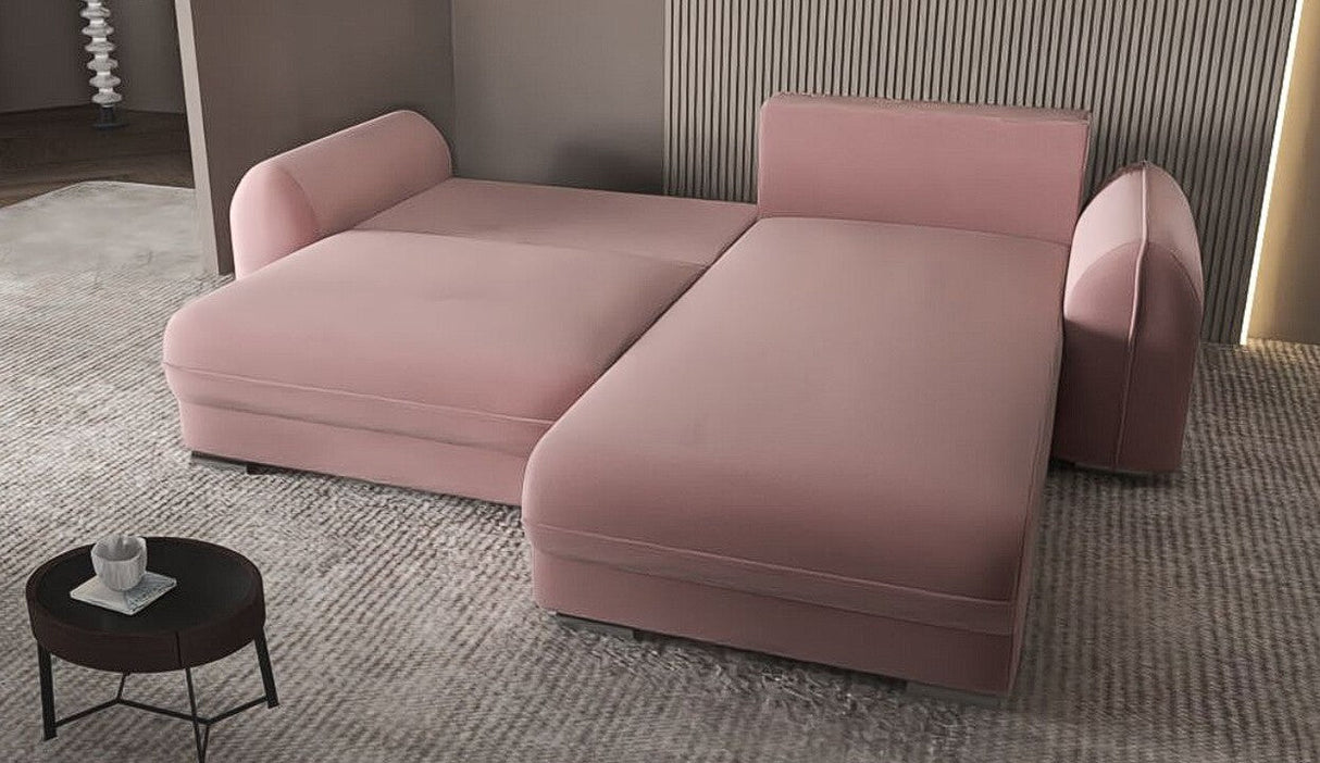 Colțar extensibil dumonde cu ladă de depozitare si sezut confortabil din spuma HR, Denver Royal Roz 275x185 cm II Fabrica