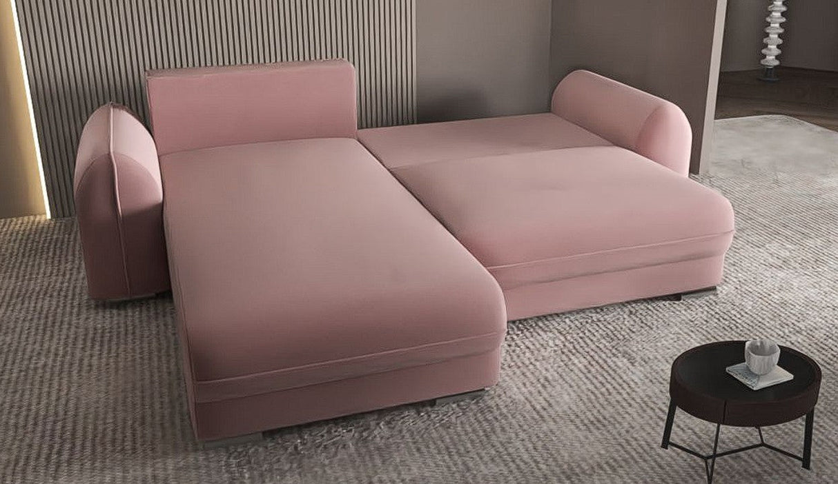 Colțar extensibil dumonde cu ladă de depozitare si sezut confortabil din spuma HR, Denver Royal Roz 275x185 cm Fabrica