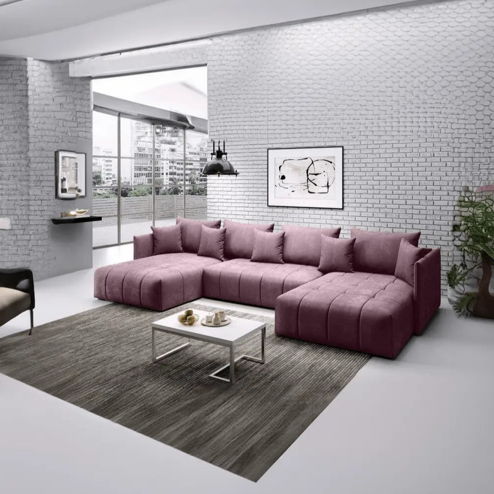 Colțar extensibil dumonde cu ladă de depozitare si sezut confortabil din spuma HR, Malta U Rosa 340x185 cm Fabrica
