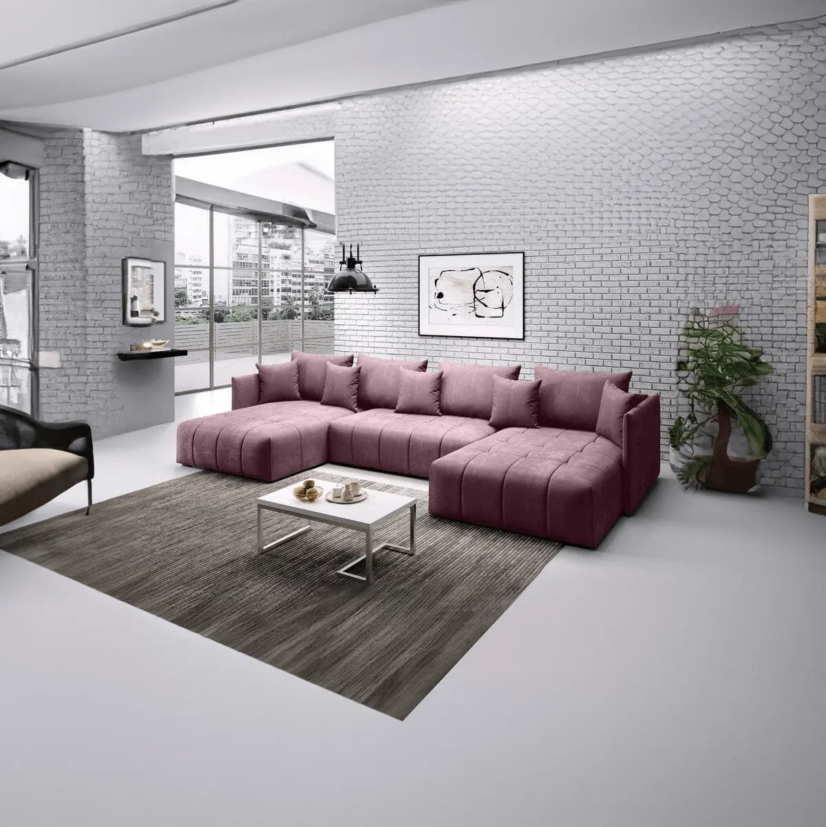 Colțar extensibil dumonde cu ladă de depozitare si sezut confortabil din spuma HR, Malta U Rosa 340x185 cm Fabrica