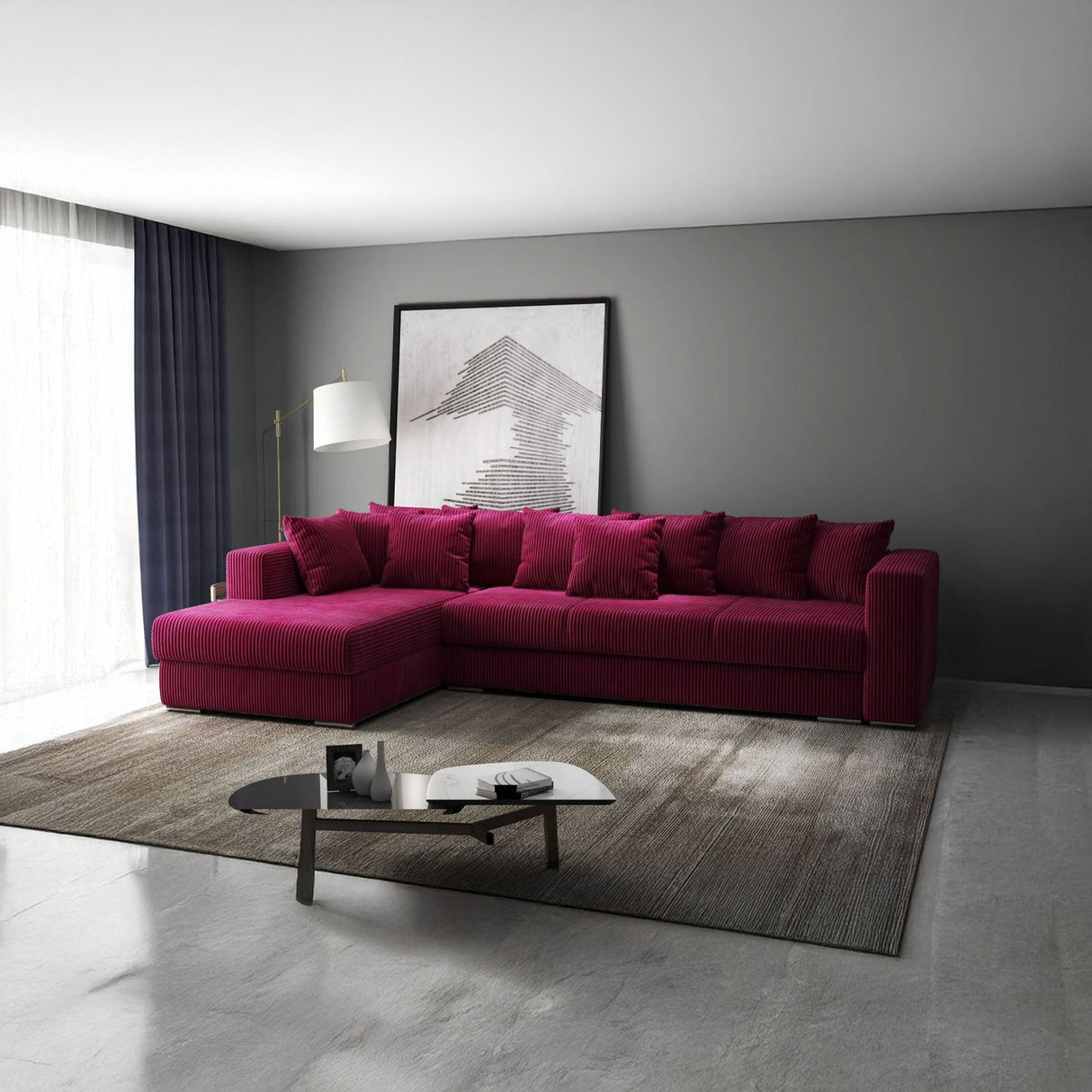 Colțar extensibil dumonde cu ladă de depozitare si sezut confortabil din spuma HR, Gloria Bordeaux Zoom 320x183 cm Fabrica